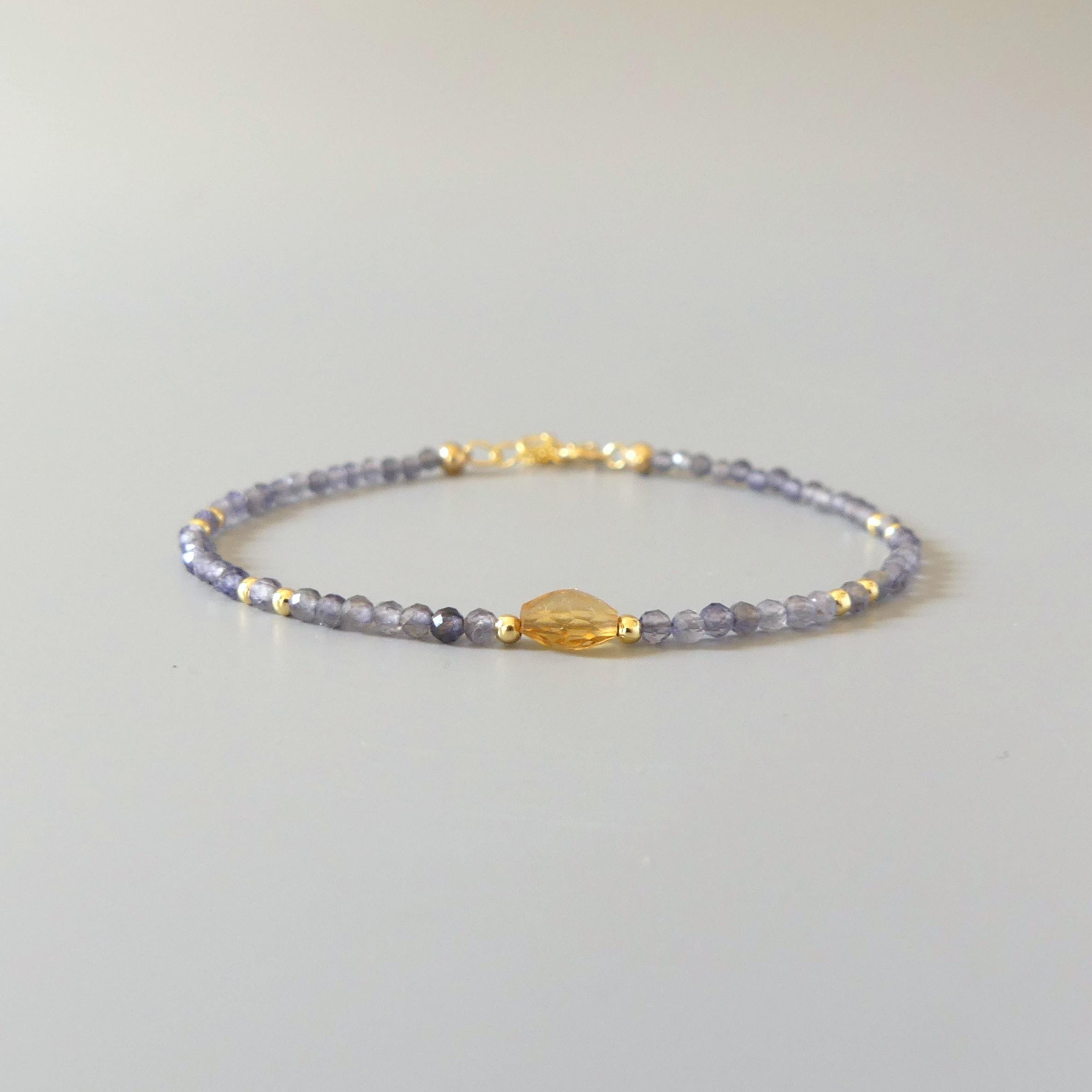 Tiny Iolite Bracelet Dainty Citrine Gemstone Beaded Bracelet Blue Crystal Jewelry Minimalist November Birthstone Birthday Gift for Women