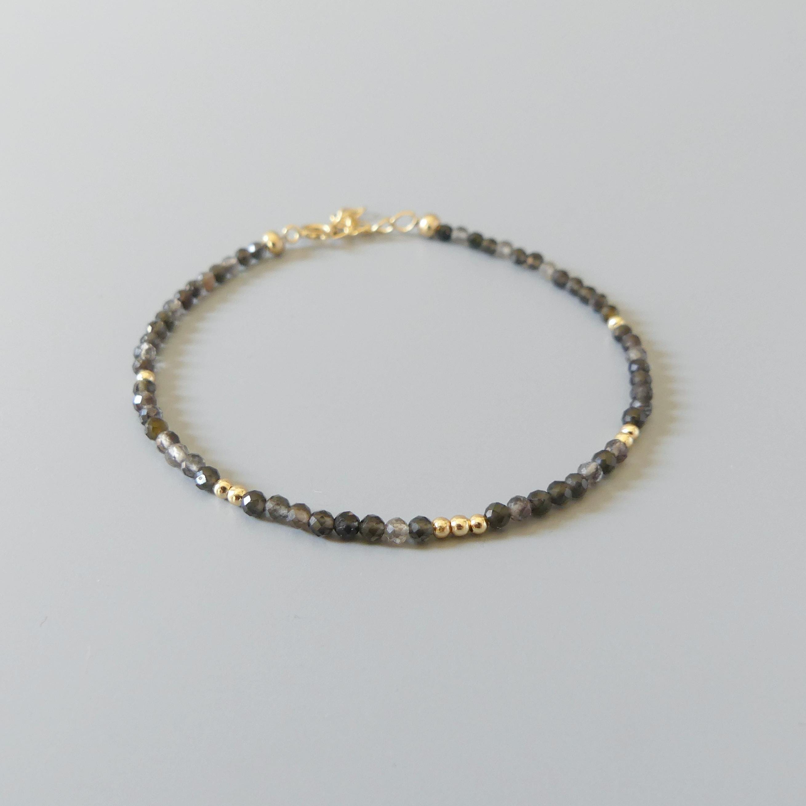 Tiny Obsidian Bracelet Dainty Sparkly Gemstone Beaded Bracelet Minimalist Black Crystal Bracelet Protection Birthday Gift Christmas Mom Wife