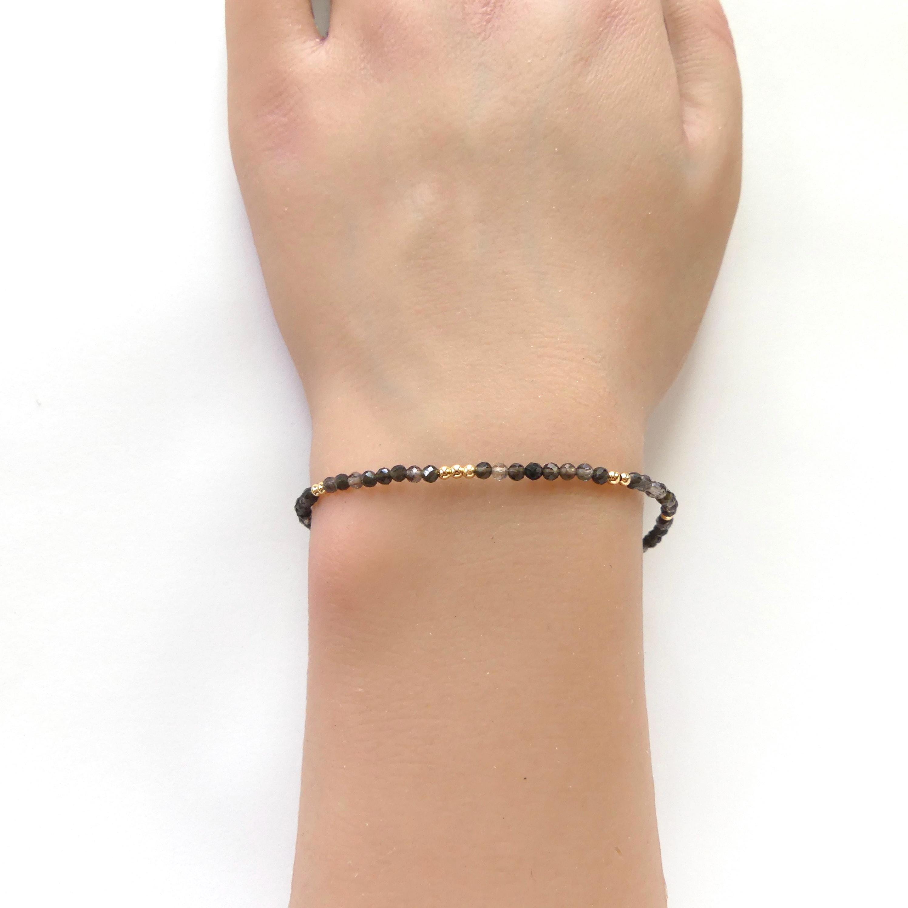 Tiny Obsidian Bracelet Dainty Sparkly Gemstone Beaded Bracelet Minimalist Black Crystal Bracelet Protection Birthday Gift Christmas Mom Wife