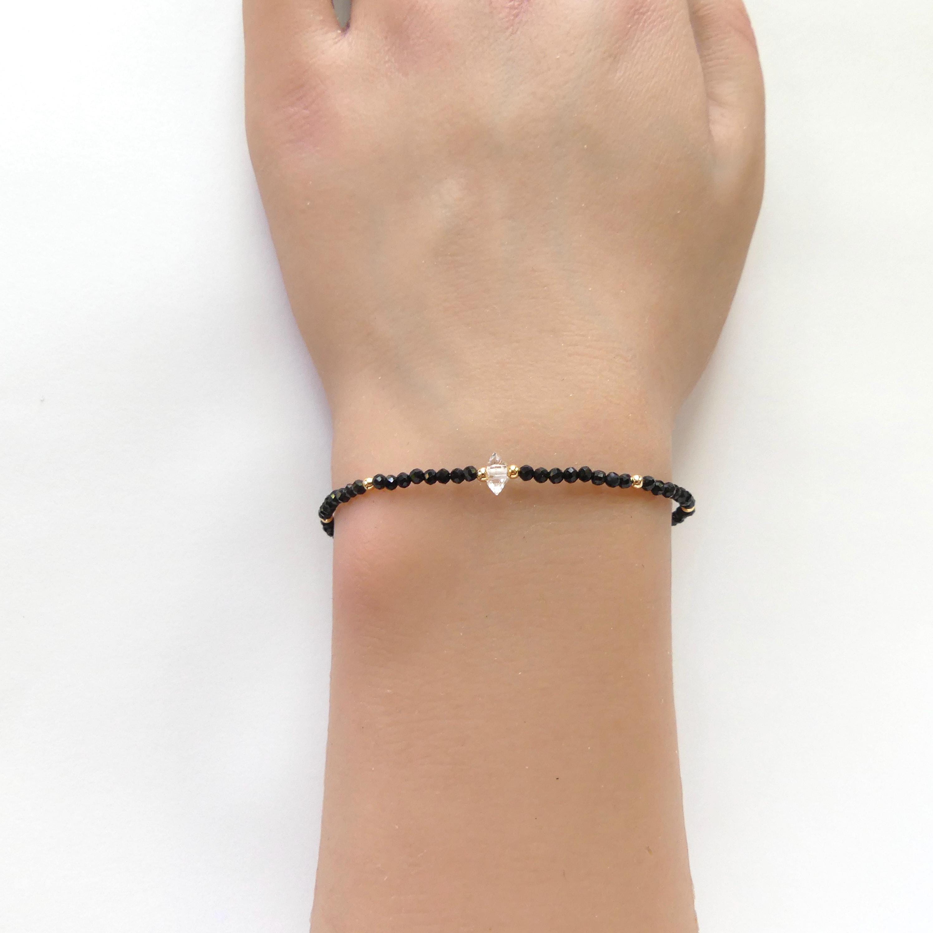 Tiny Black Tourmaline Bracelet Dainty Gemstone Beaded Bracelet Minimalist Black Crystal Jewelry October Birthstone Birthday Gift Mom Wife