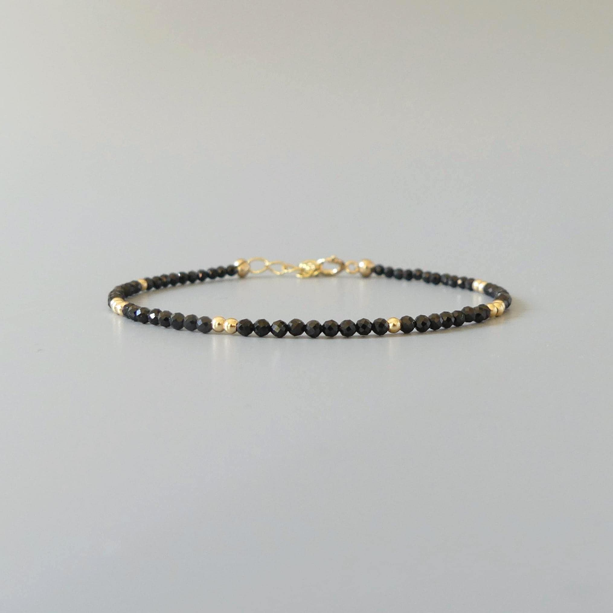 Tiny Black Spinel Bracelet Dainty Gemstone Beaded Bracelet Sparkly Black Crystal Jewelry Minimalist Birthday Gift Mom Wife Sister Christmas