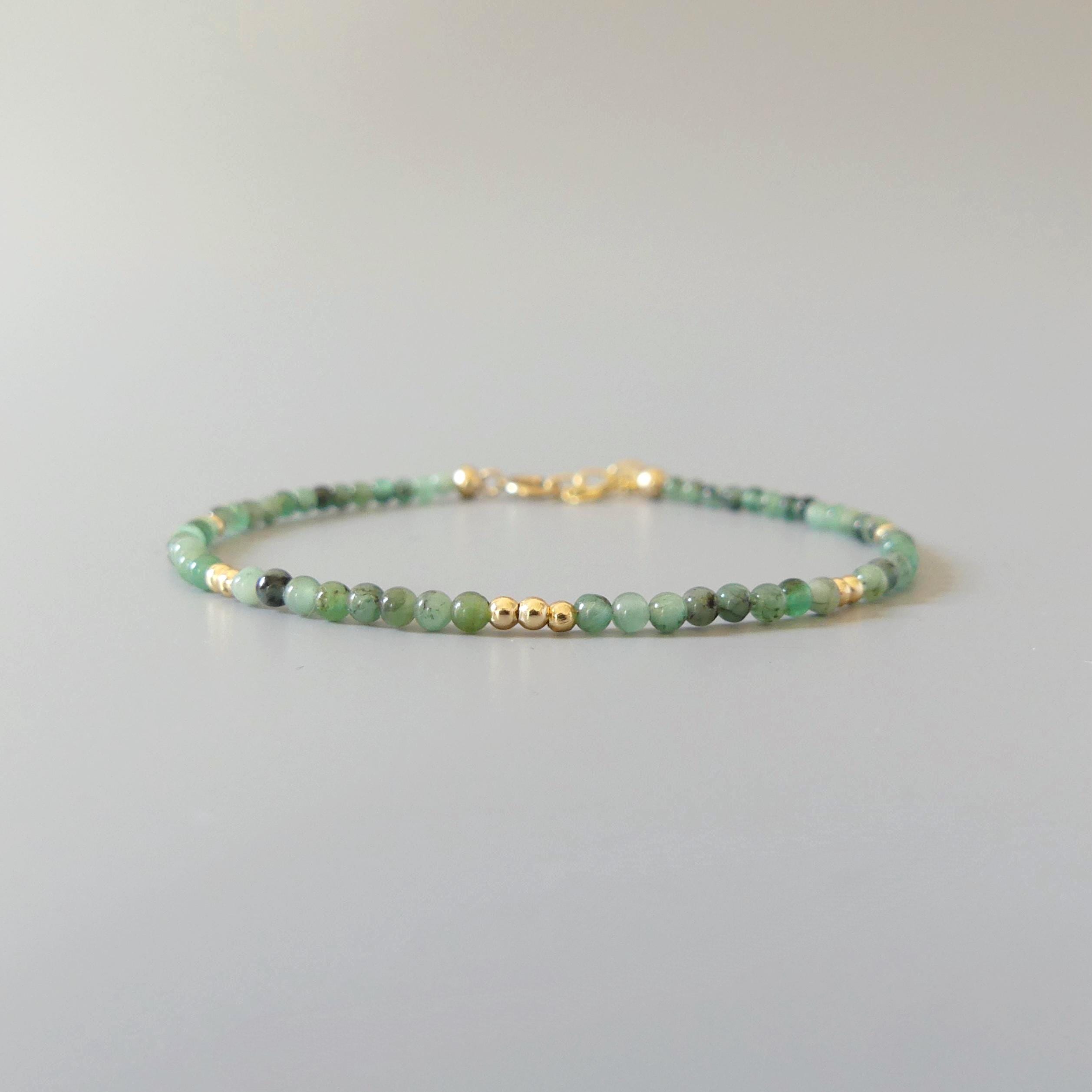 Tiny Emerald Bracelet Dainty Gemstone Beaded Bracelet May Birthstone Jewelry Green Crystal Bracelet Minimalist Birthday Gift Wife Daughter