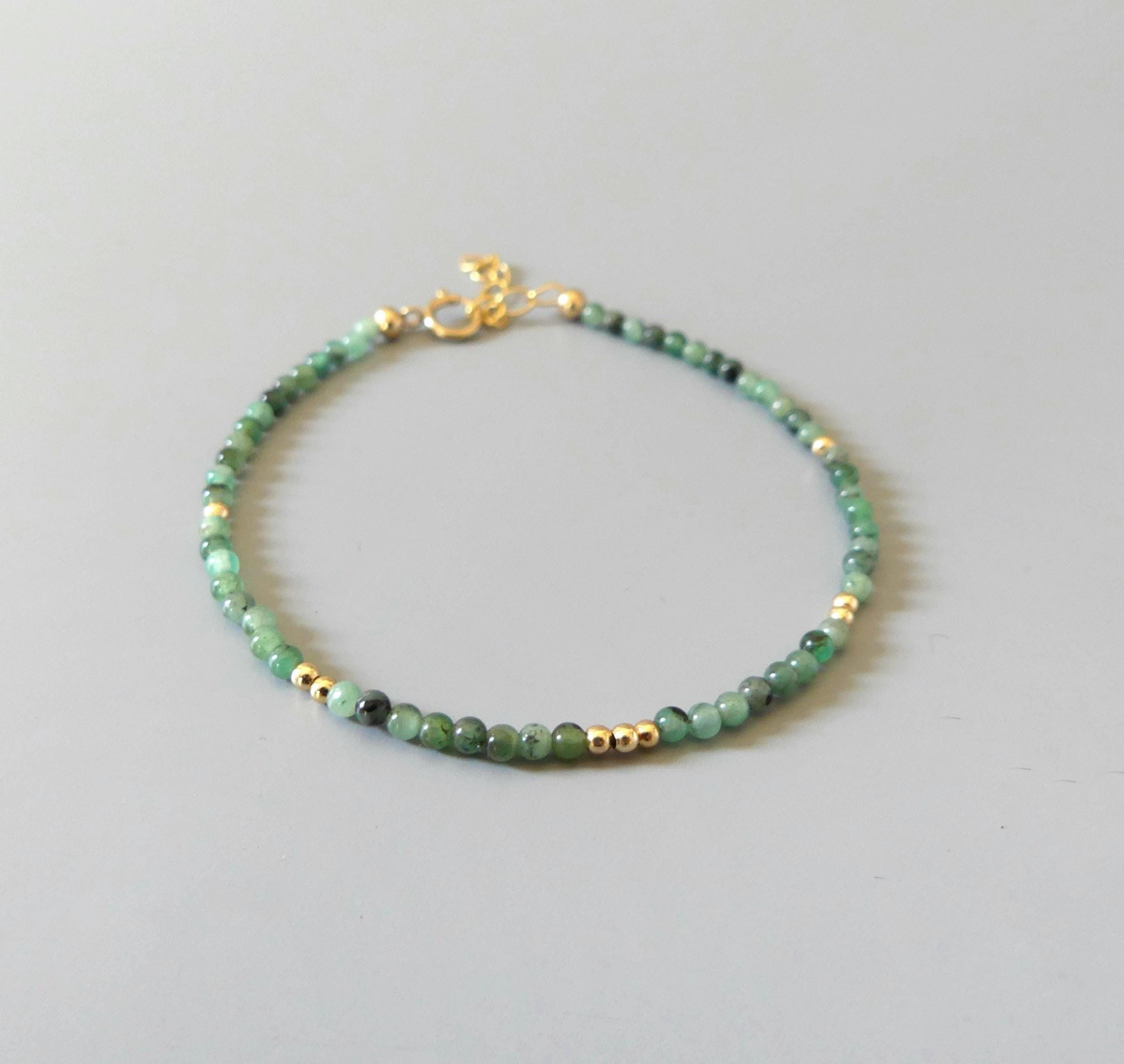 Tiny Emerald Bracelet Dainty Gemstone Beaded Bracelet May Birthstone Jewelry Green Crystal Bracelet Minimalist Birthday Gift Wife Daughter