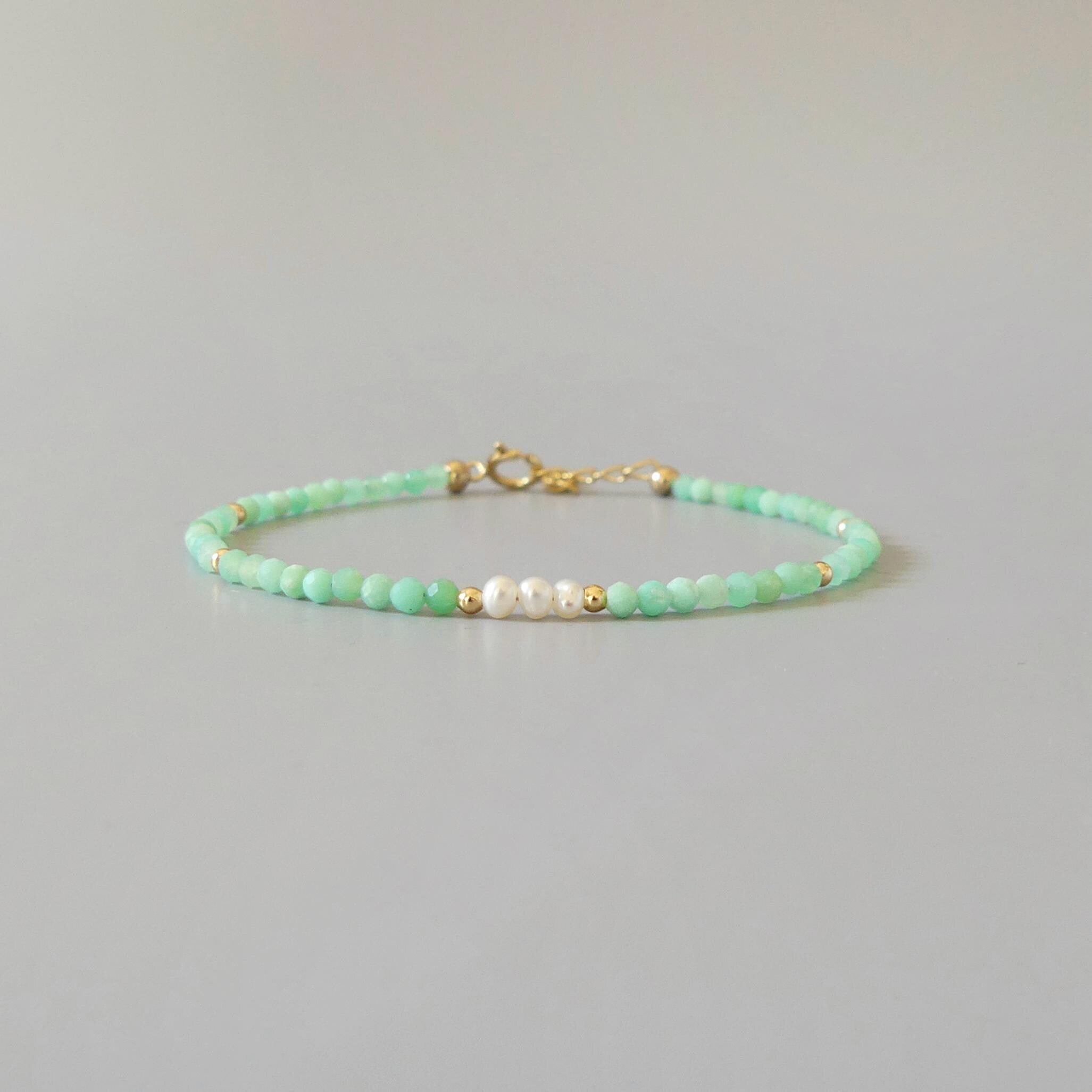 Tiny Chrysoprase Bracelet Dainty Pearl Gemstone Beaded Bracelet Stacking Minimalist Jewelry Crystal Birthday Gift for Women Wife Daughter