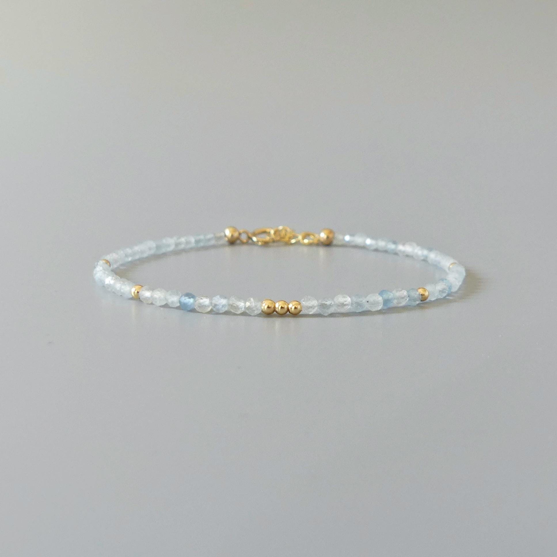 Tiny Aquamarine Bracelet Dainty Gemstone Beaded Bracelet Blue Crystal Minimalist Jewelry March Birthstone Birthday Gift for Daughter Teen
