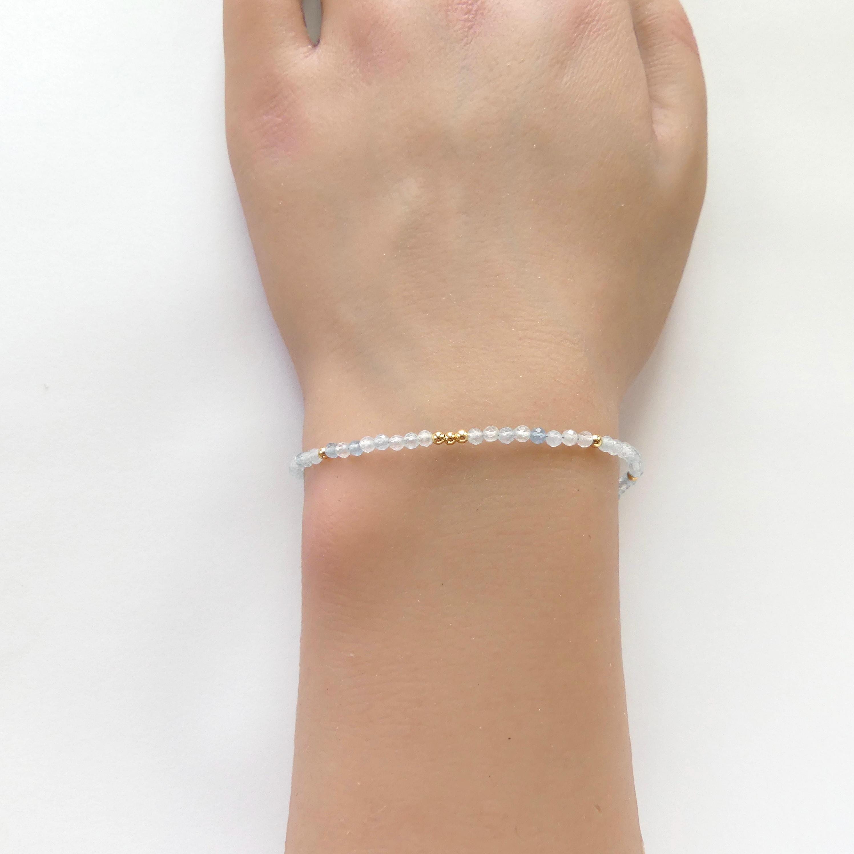 Tiny Aquamarine Bracelet Dainty Gemstone Beaded Bracelet Blue Crystal Minimalist Jewelry March Birthstone Birthday Gift for Daughter Teen