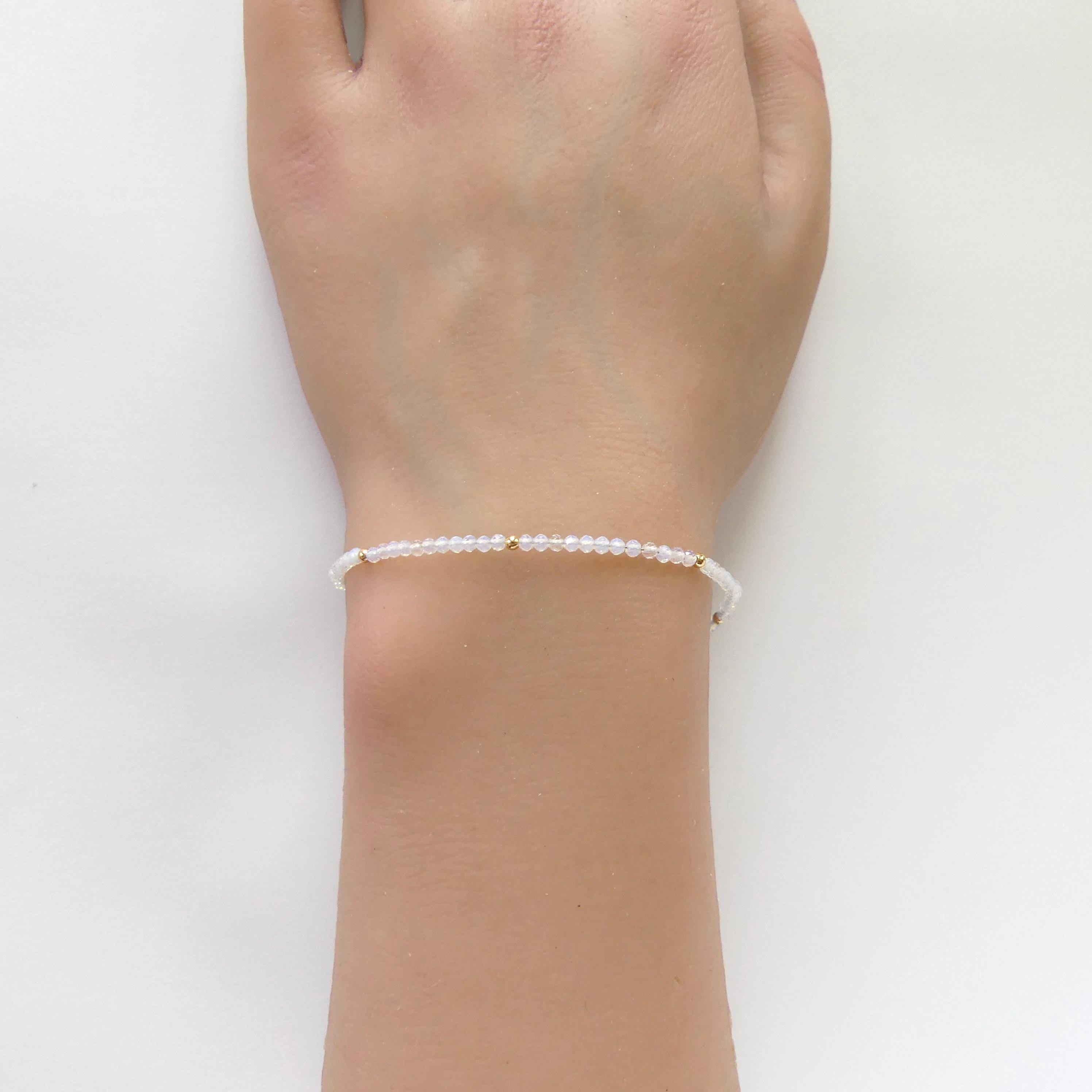 Tiny Opalite Bracelet Dainty Gemstone Beaded Minimalist Opal Jewelry Sparkly October Birthstone Mom Birthday Gift 14th Anniversary Wife Mom