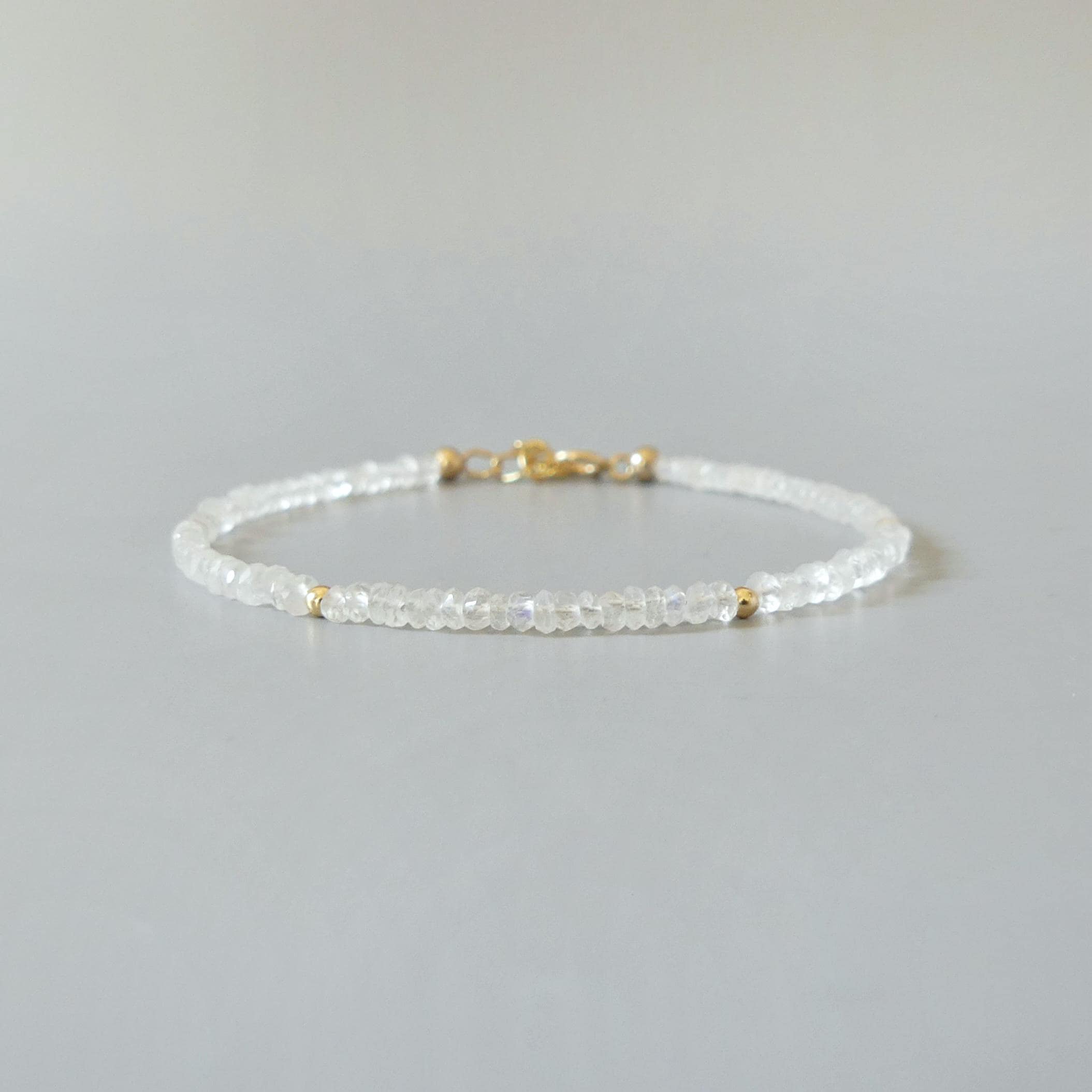 Tiny Rainbow Moonstone Bracelet Dainty Gemstone Beaded Bracelet Minimalist June Birthstone Sparkly Jewelry Gift for Women Bridesmaid Wife