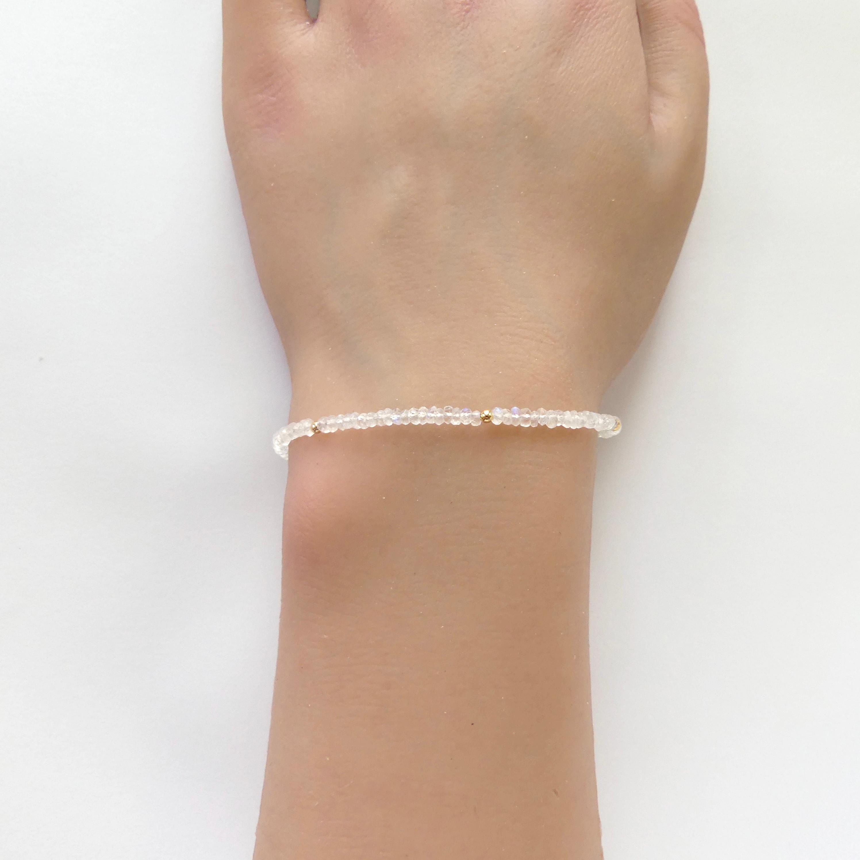Tiny Rainbow Moonstone Bracelet Dainty Gemstone Beaded Bracelet Minimalist June Birthstone Sparkly Jewelry Gift for Women Bridesmaid Wife