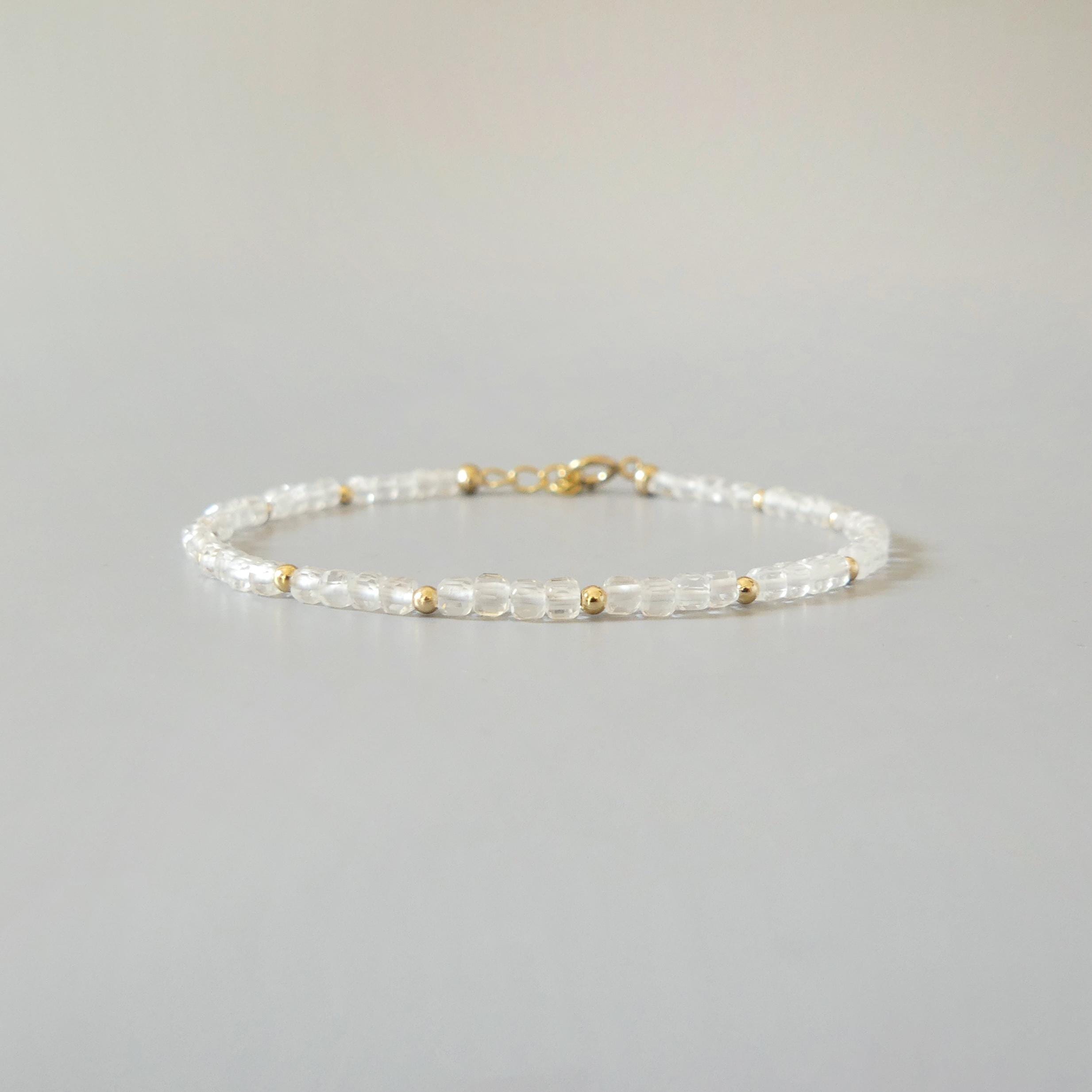 Tiny Rock Quartz Bracelet Dainty Clear Quartz Beaded Gemstone Bracelet Minimalist Jewelry April Birthstone Birthday Gift Mom Wife Bridesmaid