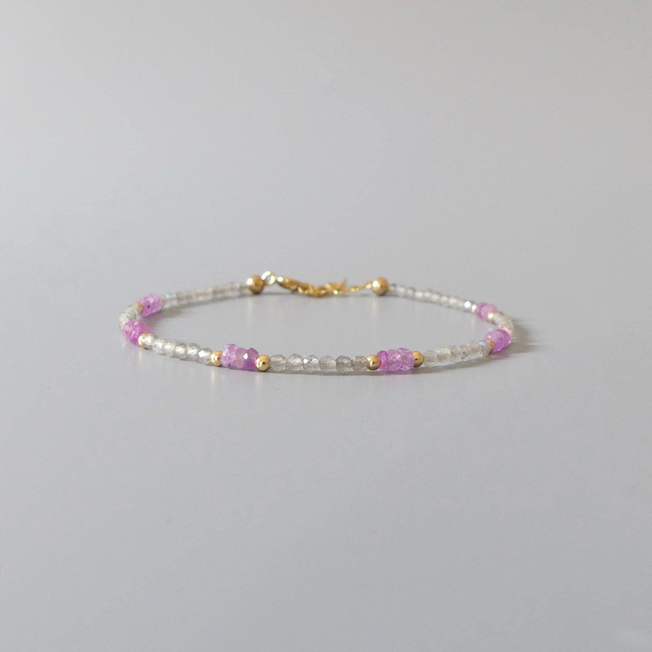 Tiny Pink Sapphire and Labradorite Bracelet - Dainty Beaded Jewelry