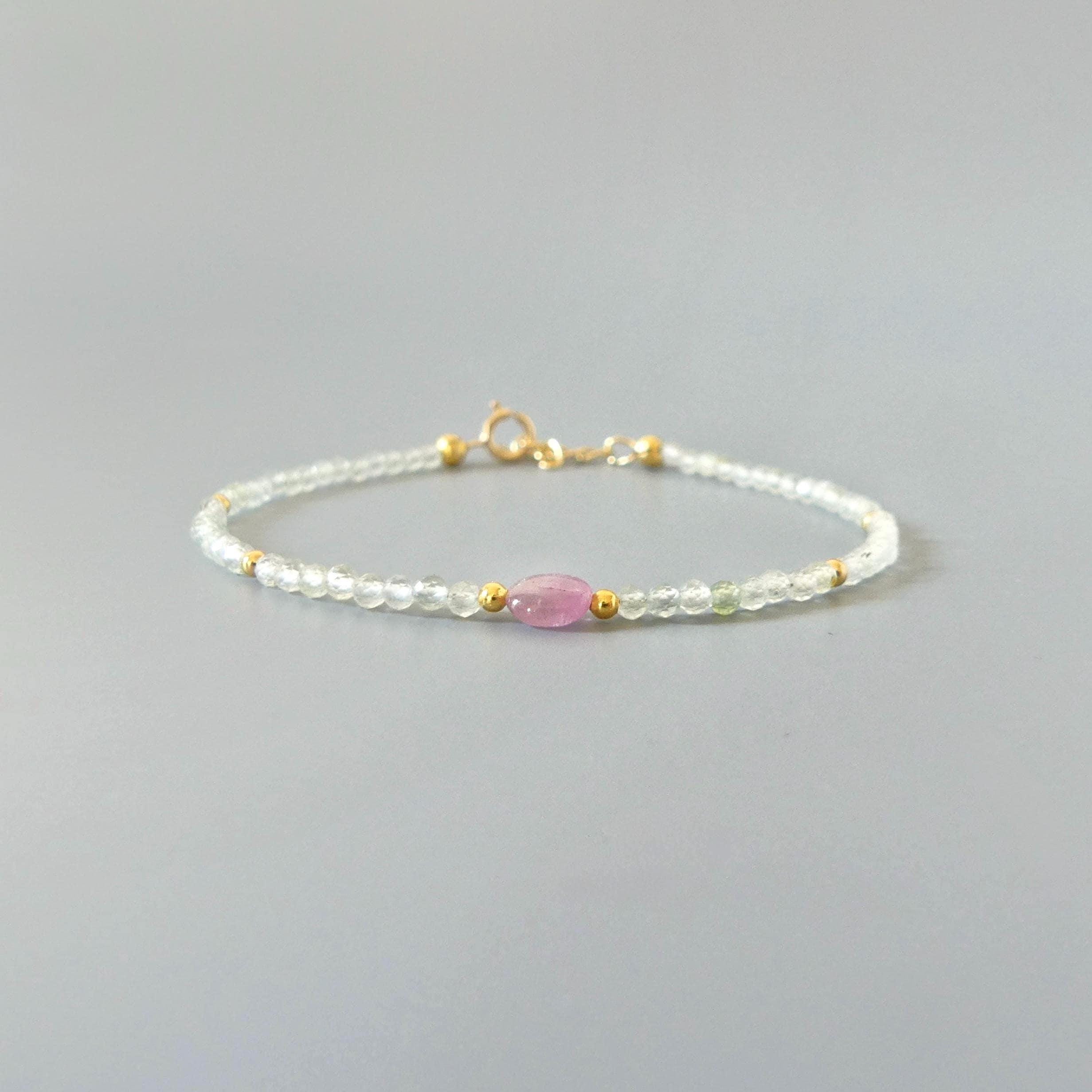 Tiny Prehnite Bracelet Dainty Pink Tourmaline Gemstone Beaded Bracelet Crystal Jewelry Minimalist October Birthstone Birthday Gift for Women