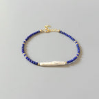 Tiny Lapis Lazuli Bracelet with Biwa Pearl - Dainty Gemstone Beaded Jewelry