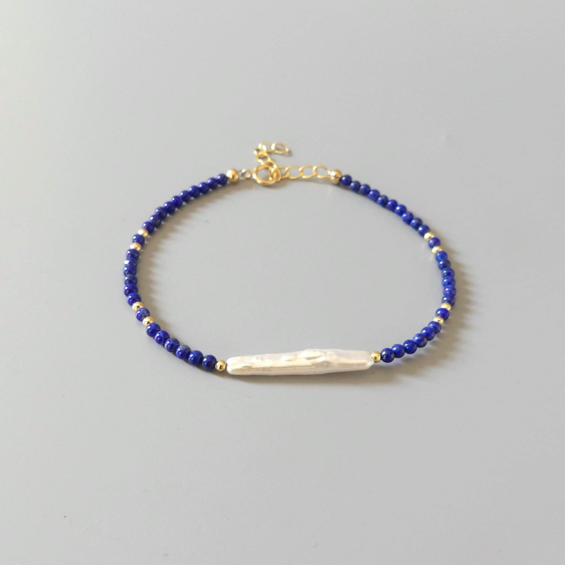Tiny Lapis Lazuli Bracelet with Biwa Pearl - Dainty Gemstone Beaded Jewelry