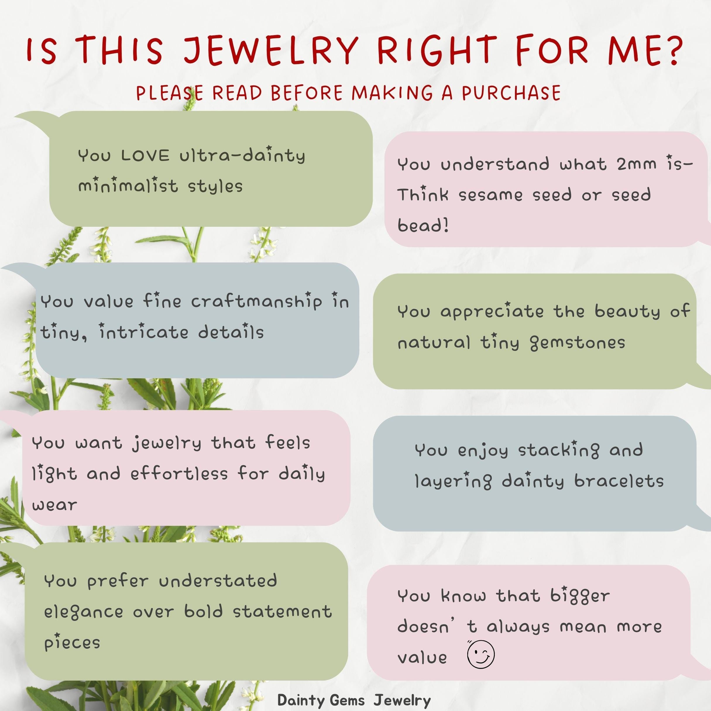 The image is a collage of text bubbles with various descriptions of jewelry preferences, including minimalist styles, natural materials, and craftsmanship.