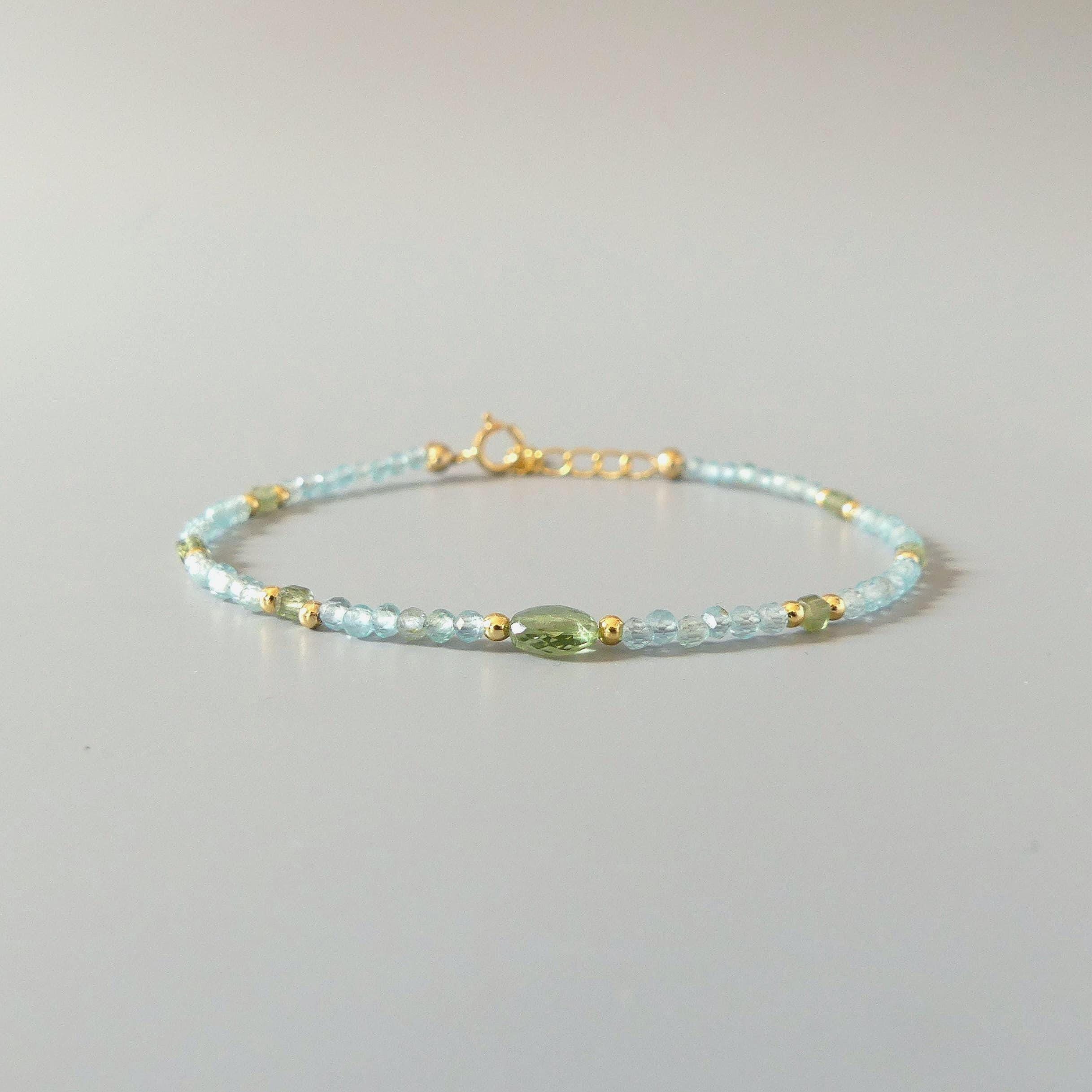 Tiny Sky and Green Apatite Bracelet -Dainty Gemstone Beaded Jewelry