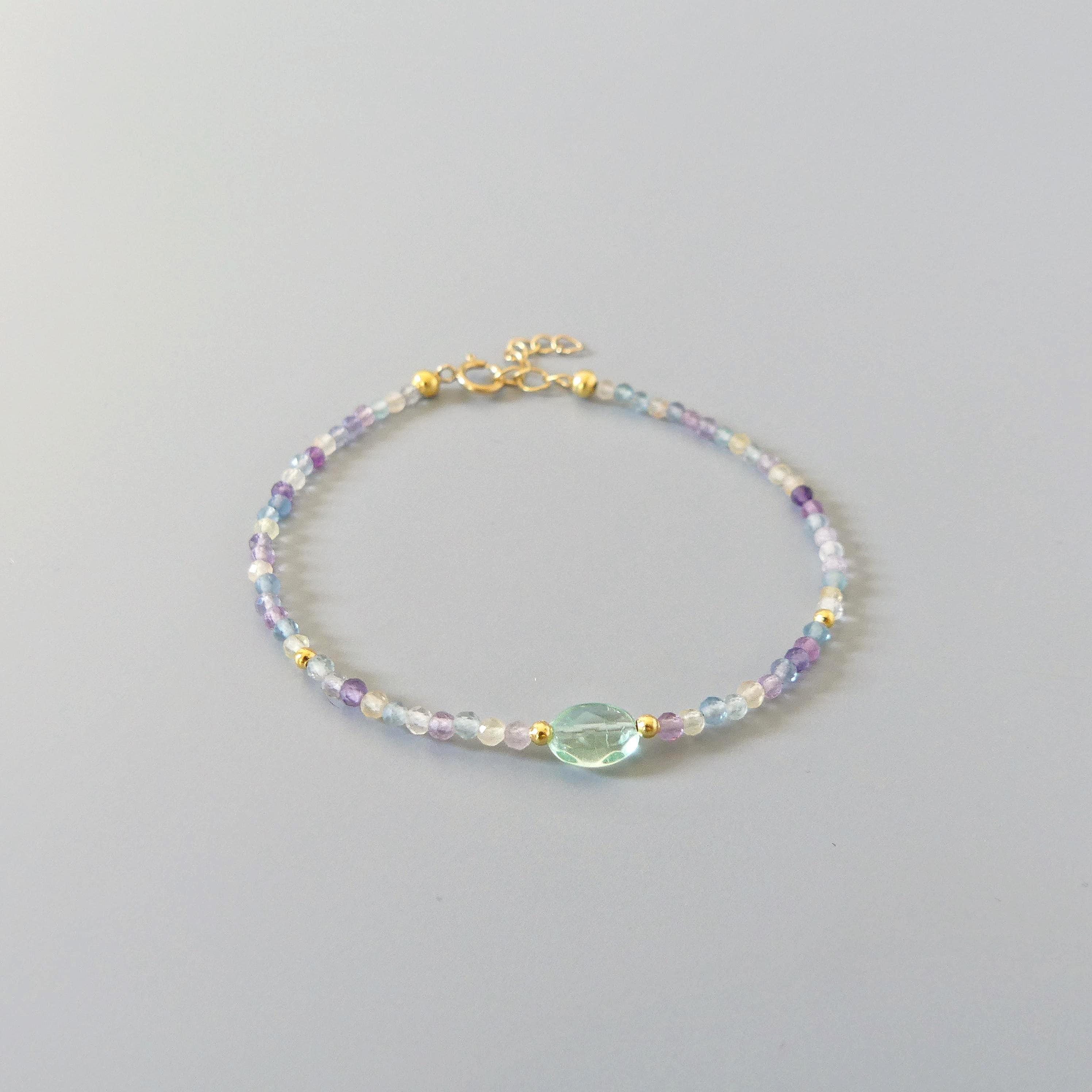 Tiny Fluorite Bracelet Dainty Gemstone Beaded Bracelet Colorful Jewelry Boho Chic Rainbow Jewelry Stacking Birthday Gift Wife Mom Sister