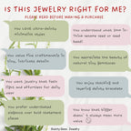 The image is a collage of text bubbles with various descriptions of jewelry preferences, including minimalist styles, natural materials, and craftsmanship.