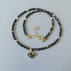 Dainty Black Spinel Beaded Necklace Sparkly Lotus Gold Pendant Gemstone Delicate Cute Choker Crystal Layering Jewelry Mom Birthday Christmas