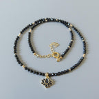 Dainty Black Spinel Beaded Necklace Sparkly Lotus Gold Pendant Gemstone Delicate Cute Choker Crystal Layering Jewelry Mom Birthday Christmas