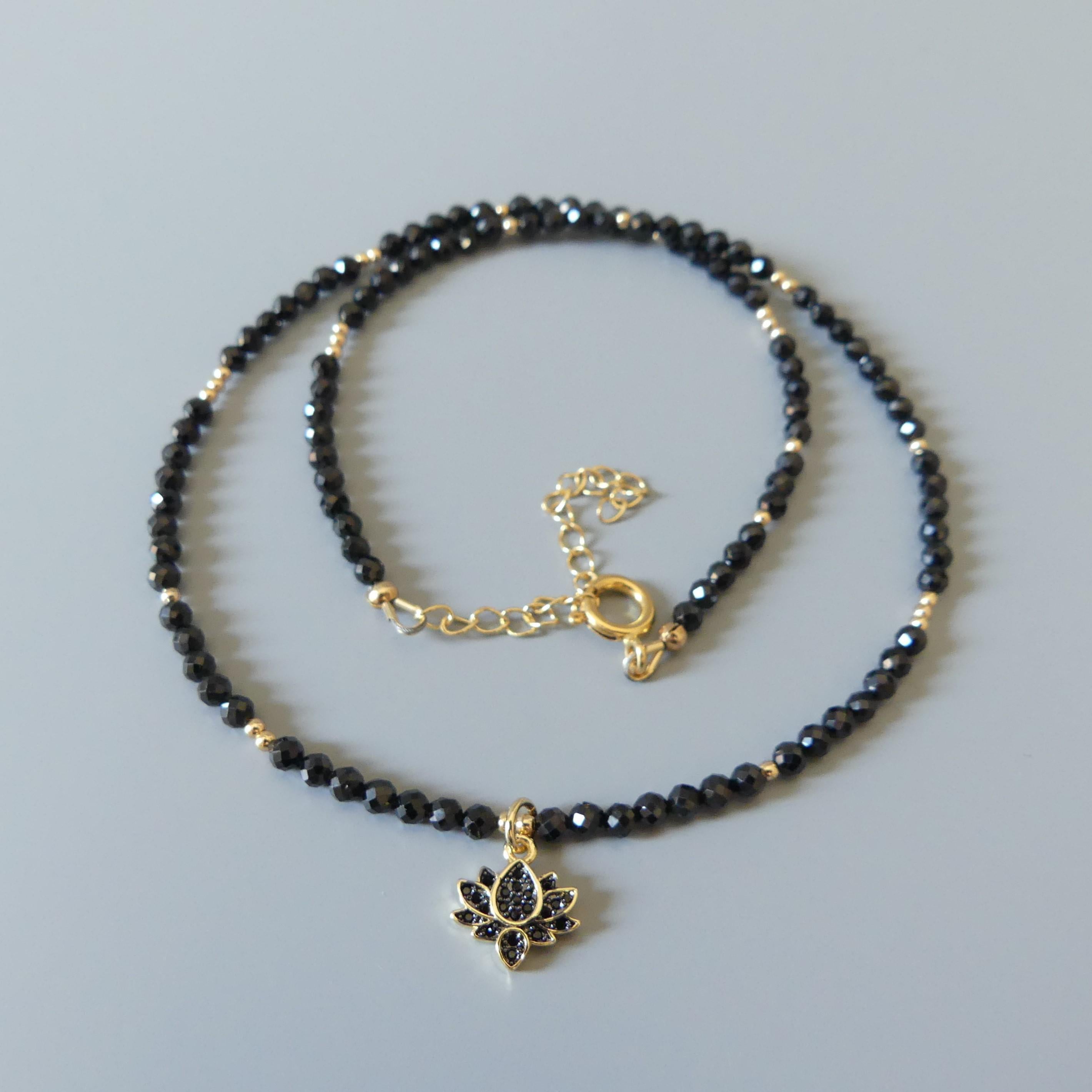 Dainty Black Spinel Beaded Necklace Sparkly Lotus Gold Pendant Gemstone Delicate Cute Choker Crystal Layering Jewelry Mom Birthday Christmas