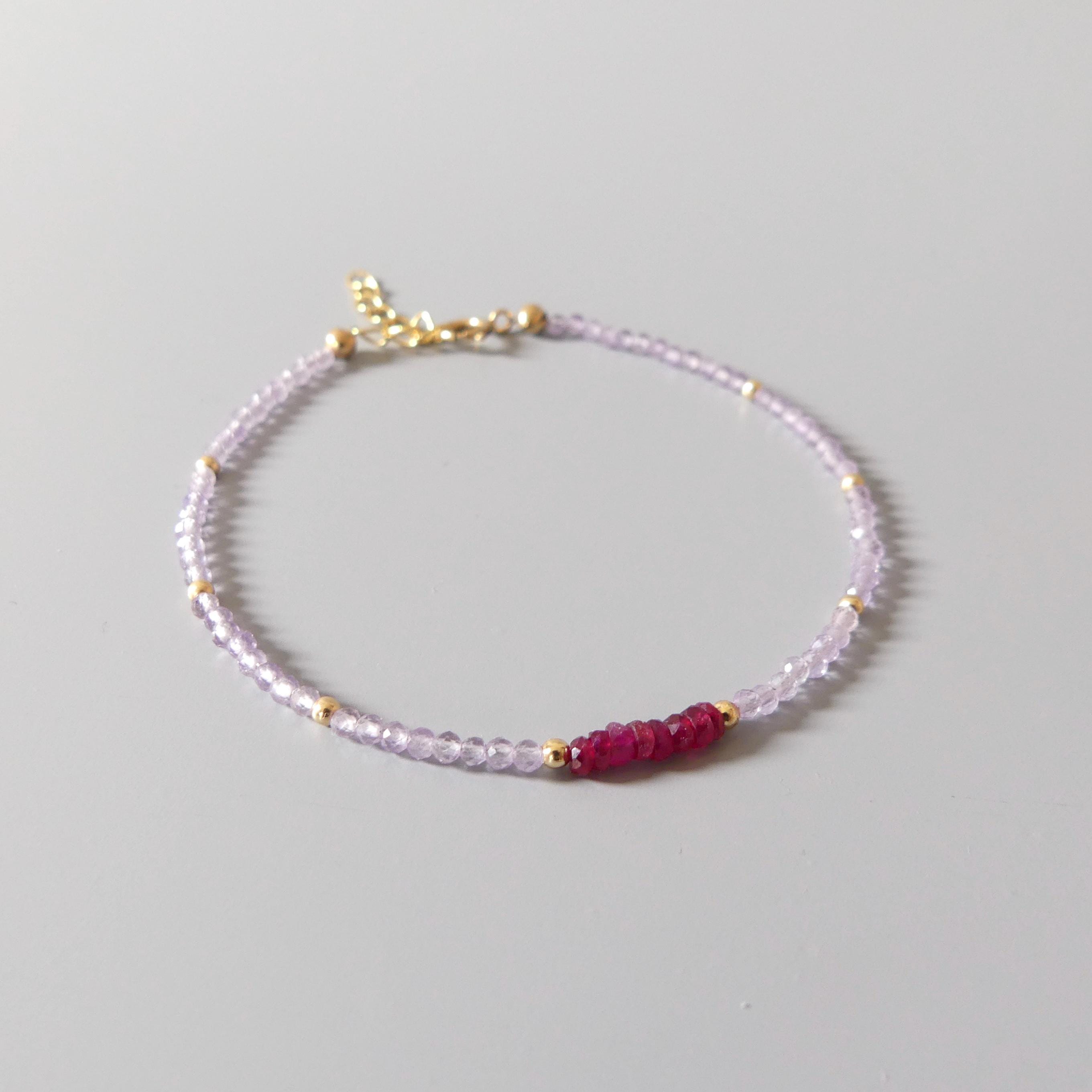 Tiny Pink Amethyst Bracelet Dainty Longido Ruby Gemstone Beaded Bracelet Crystal Jewelry Minimalist February Birthstone July Birthday Gift