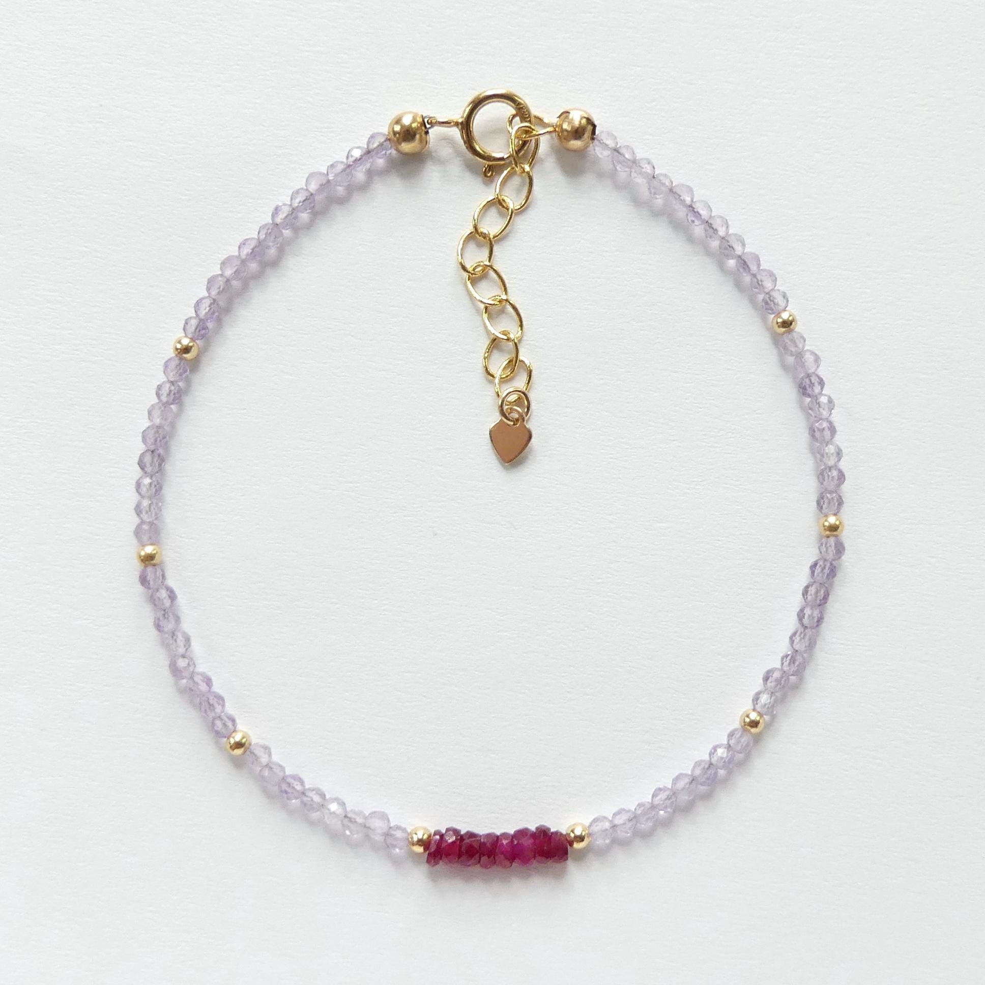 Tiny Pink Amethyst Bracelet Dainty Longido Ruby Gemstone Beaded Bracelet Crystal Jewelry Minimalist February Birthstone July Birthday Gift