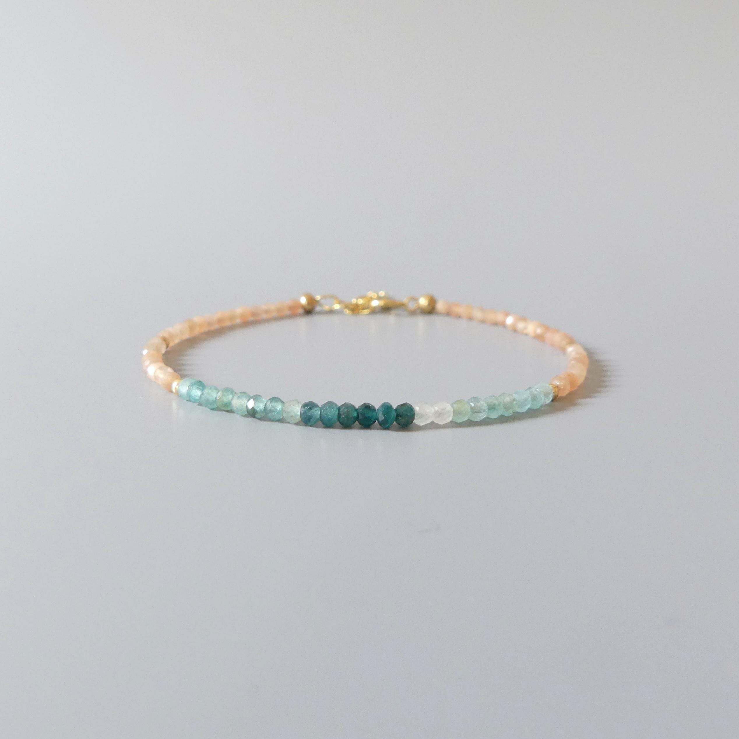 Tiny Grandidierite Bracelet Dainty Peach Moonstone Gemstone Bead Bracelet Crystal Jewelry Minimalist Birthday Gift for Women June Birthstone