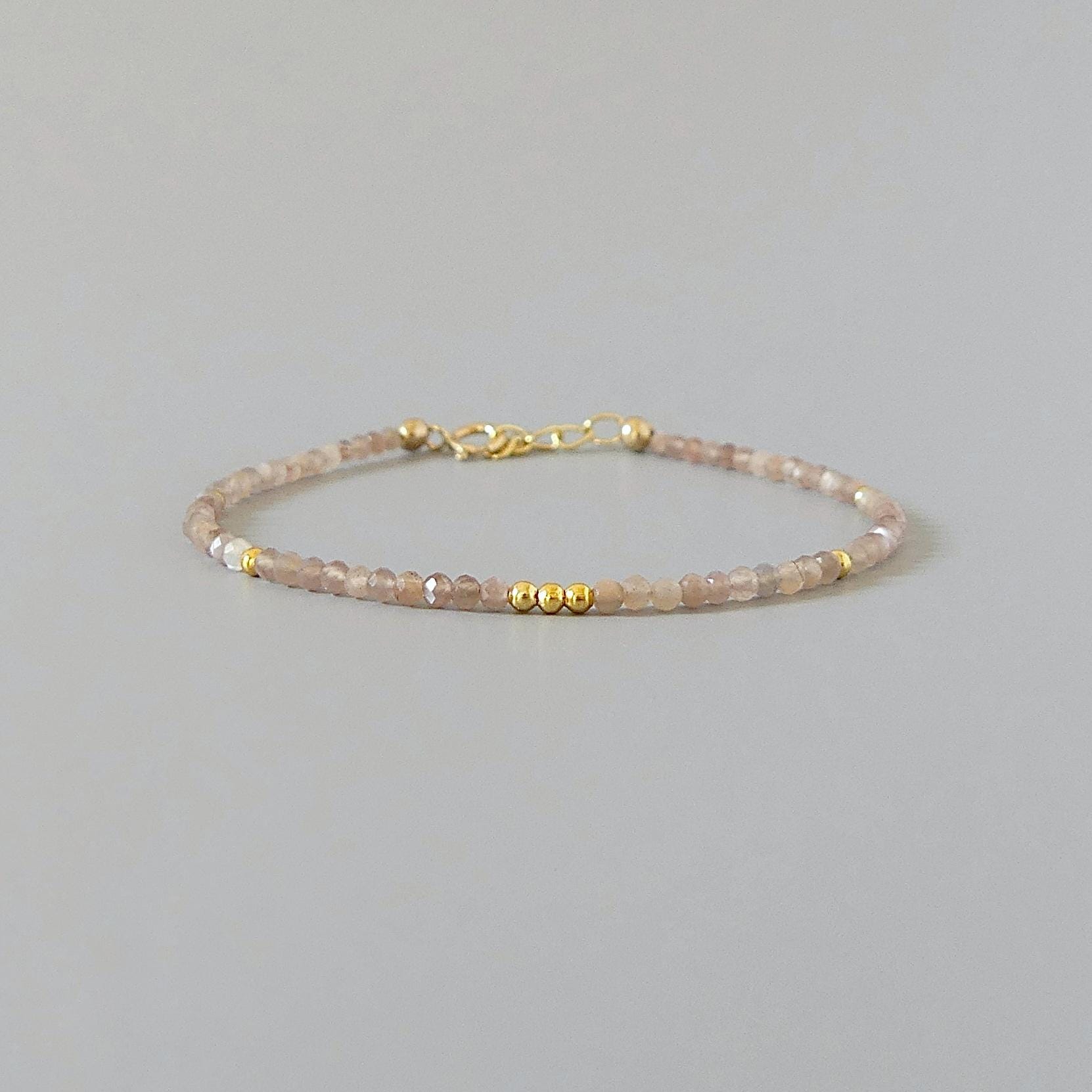 Tiny Chocolate Moonstone Bracelet Dainty Gemstone Beaded Jewelry Minimalist June Birthstone Birthday Gift for Women Mom Wife Friend Daughter