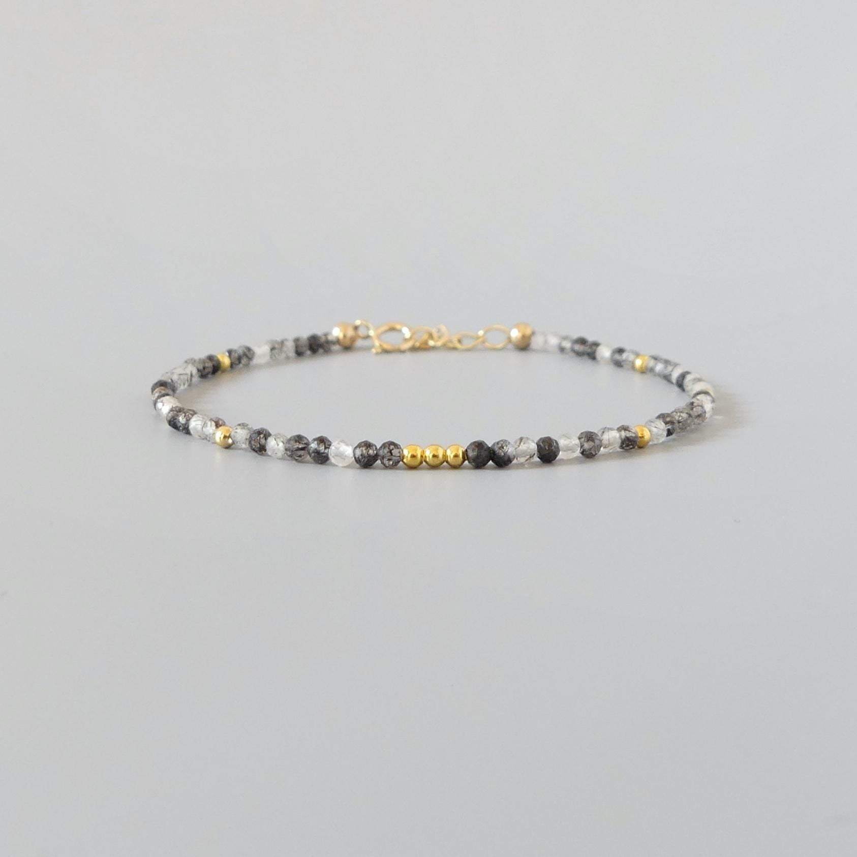 Tiny Rutilated Quartz Bracelet Dainty Turmalinated Gemstone Beaded Crystal Jewelry Minimalist Stacking Bracelet Birthday Gift Daughter Wife