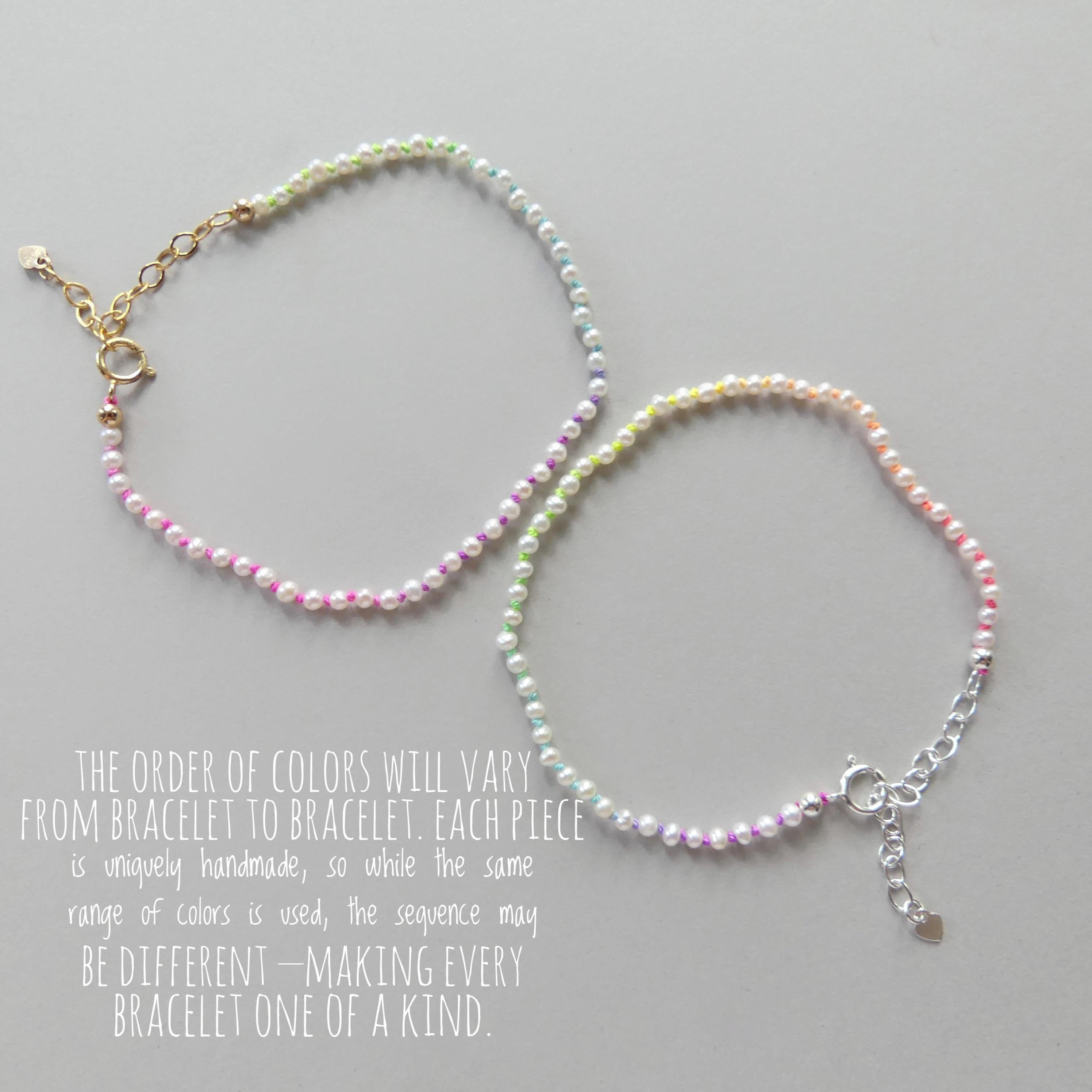 Tiny Pearl Knot Bracelet Dainty Rainbow Neon Silk Knotted Jewelry Minimalist Freshwater Pearl June Birthstone Birthday Gift 30th Anniversary