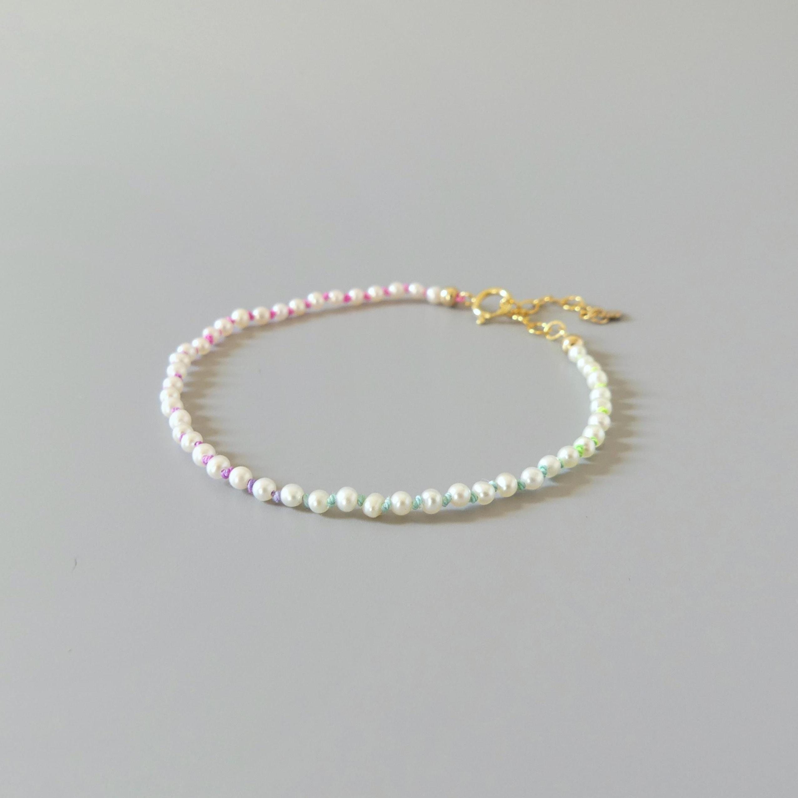 Tiny Pearl Knot Bracelet Dainty Rainbow Neon Silk Knotted Jewelry Minimalist Freshwater Pearl June Birthstone Birthday Gift 30th Anniversary