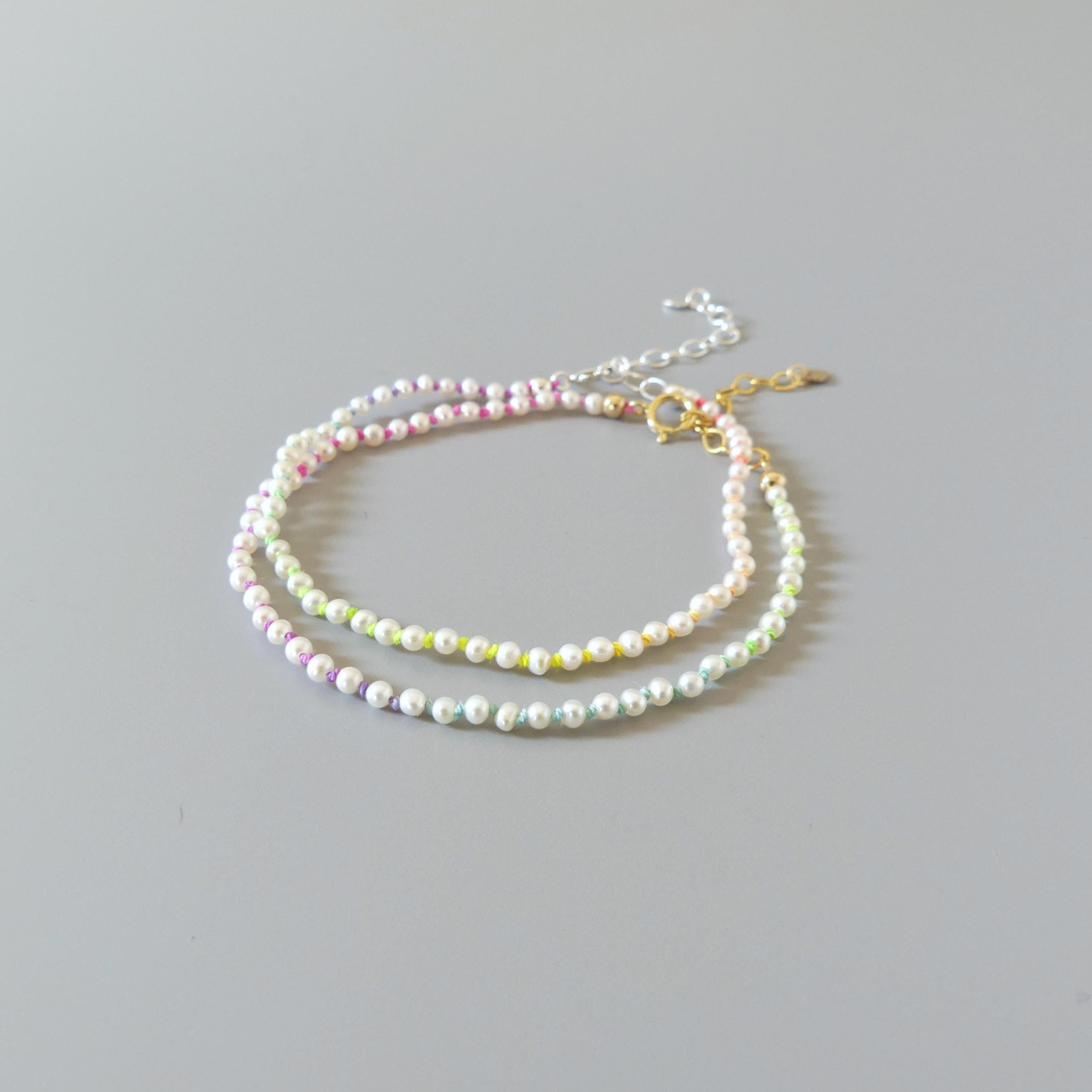 Tiny Pearl Knot Bracelet Dainty Rainbow Neon Silk Knotted Jewelry Minimalist Freshwater Pearl June Birthstone Birthday Gift 30th Anniversary