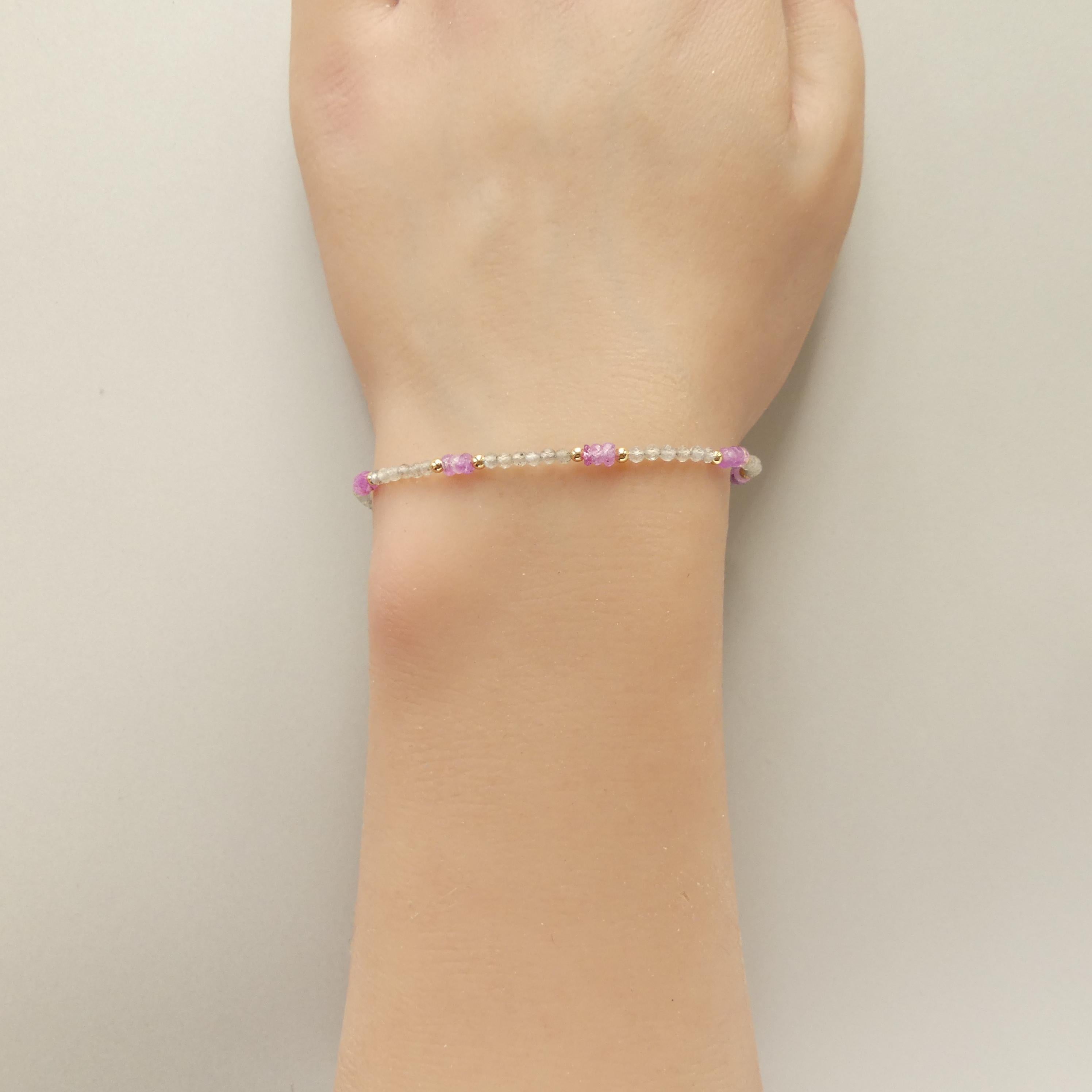 Tiny Pink Sapphire Bracelet Dainty Labradorite Gemstone Beaded Bracelet Pink Crystal Jewelry Minimalist September Birthstone Birthday Gift