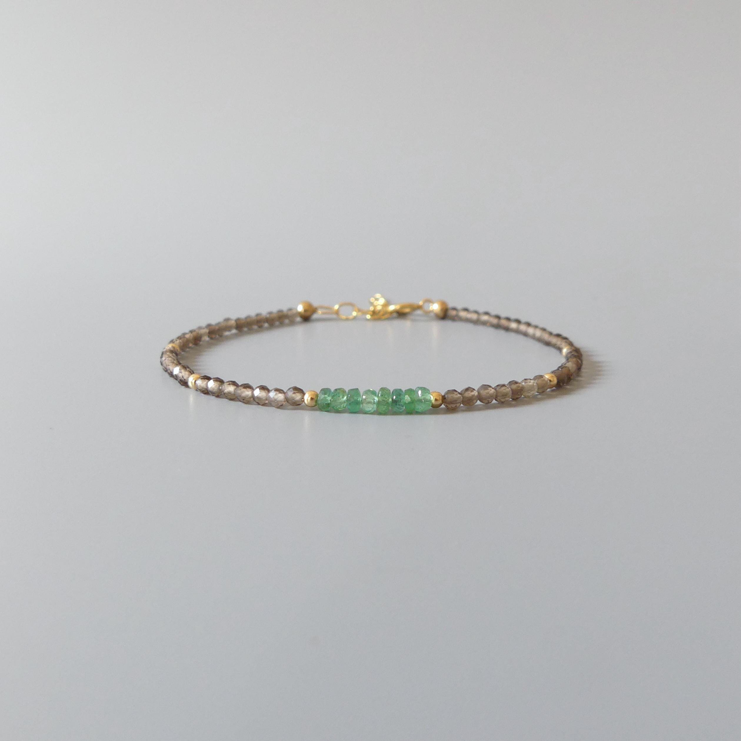 Tiny Emerald Bracelet Dainty Smoky Quartz Gemstone Beaded Jewelry Green Crystal Bracelet Minimalist May Birthstone Birthday Gift for Women