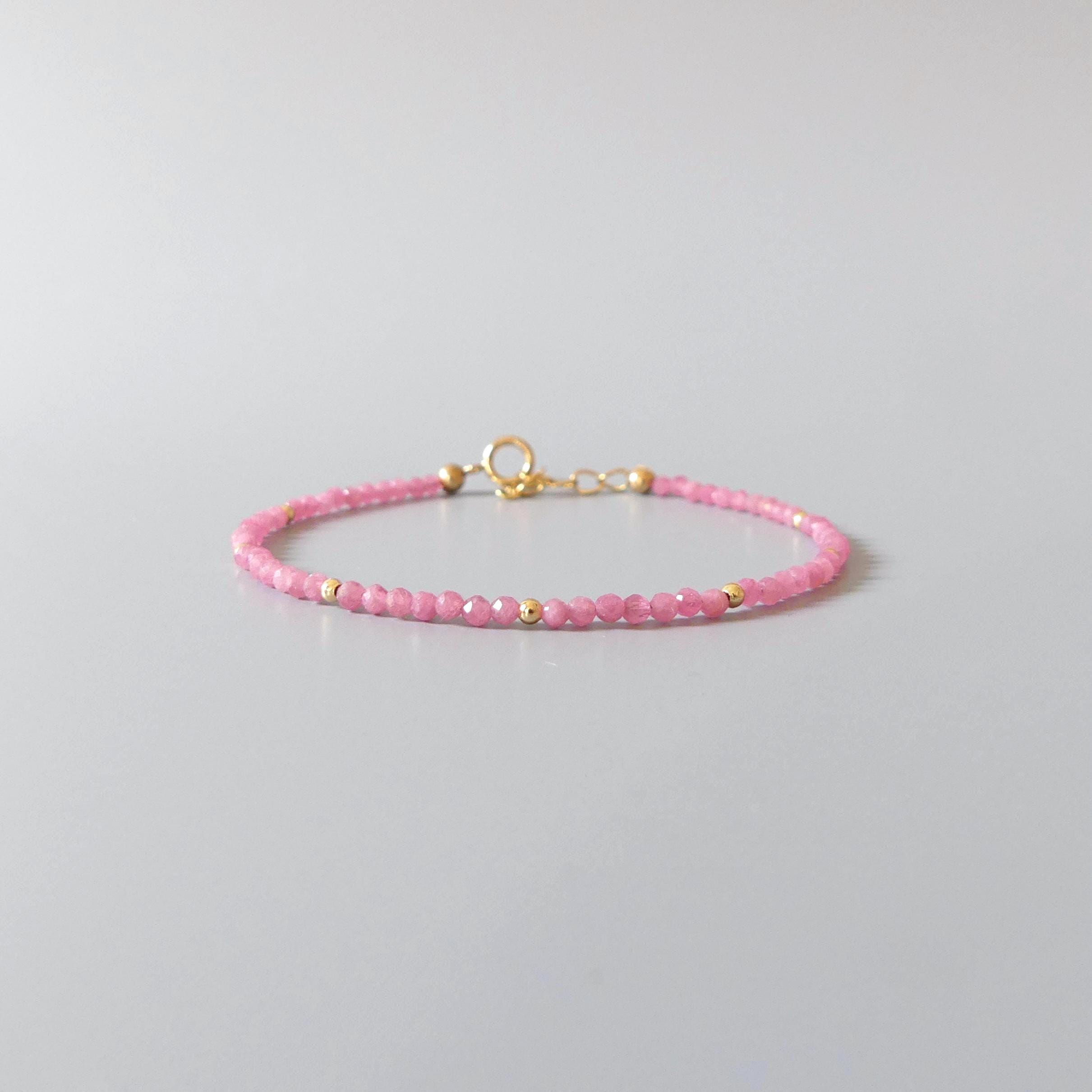 Tiny Rhodonite Bracelet Dainty Gemstone Beaded Bracelet Stacking Pink Crystal Jewelry Minimalist Birthday Gift for Women Mom Wife Daughter