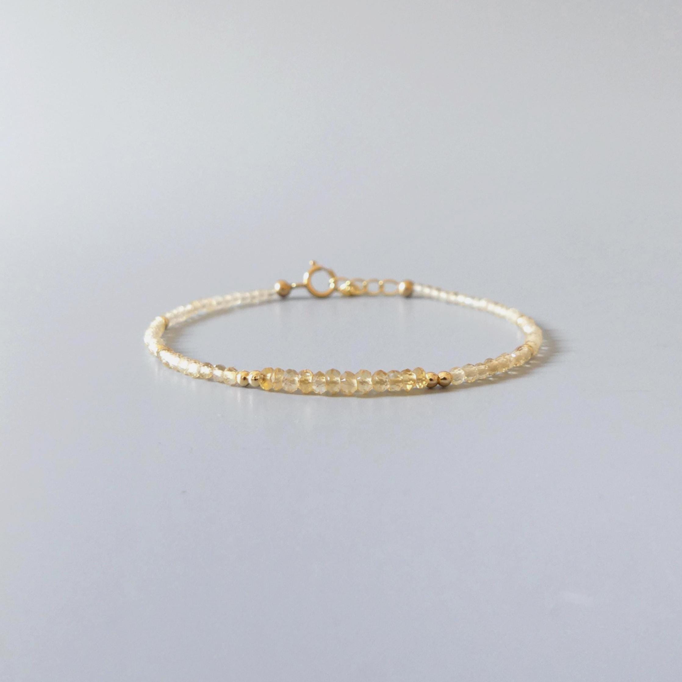 Tiny Citrine Bracelet Dainty Gemstone Beaded Bracelet Yellow Crystal Minimalist Jewelry November Birthstone Gift for Women Mom Wife Daughter