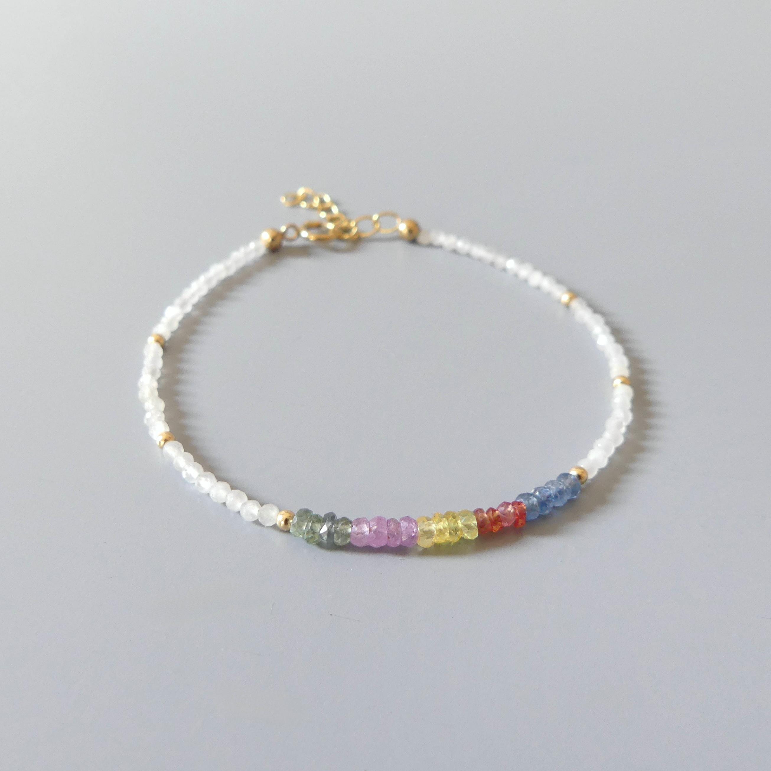 Tiny Multi Sapphire Bracelet Dainty White Moonstone Gemstone Beaded Bracelet Rainbow Jewelry Minimalist September Birthstone Birthday Gift