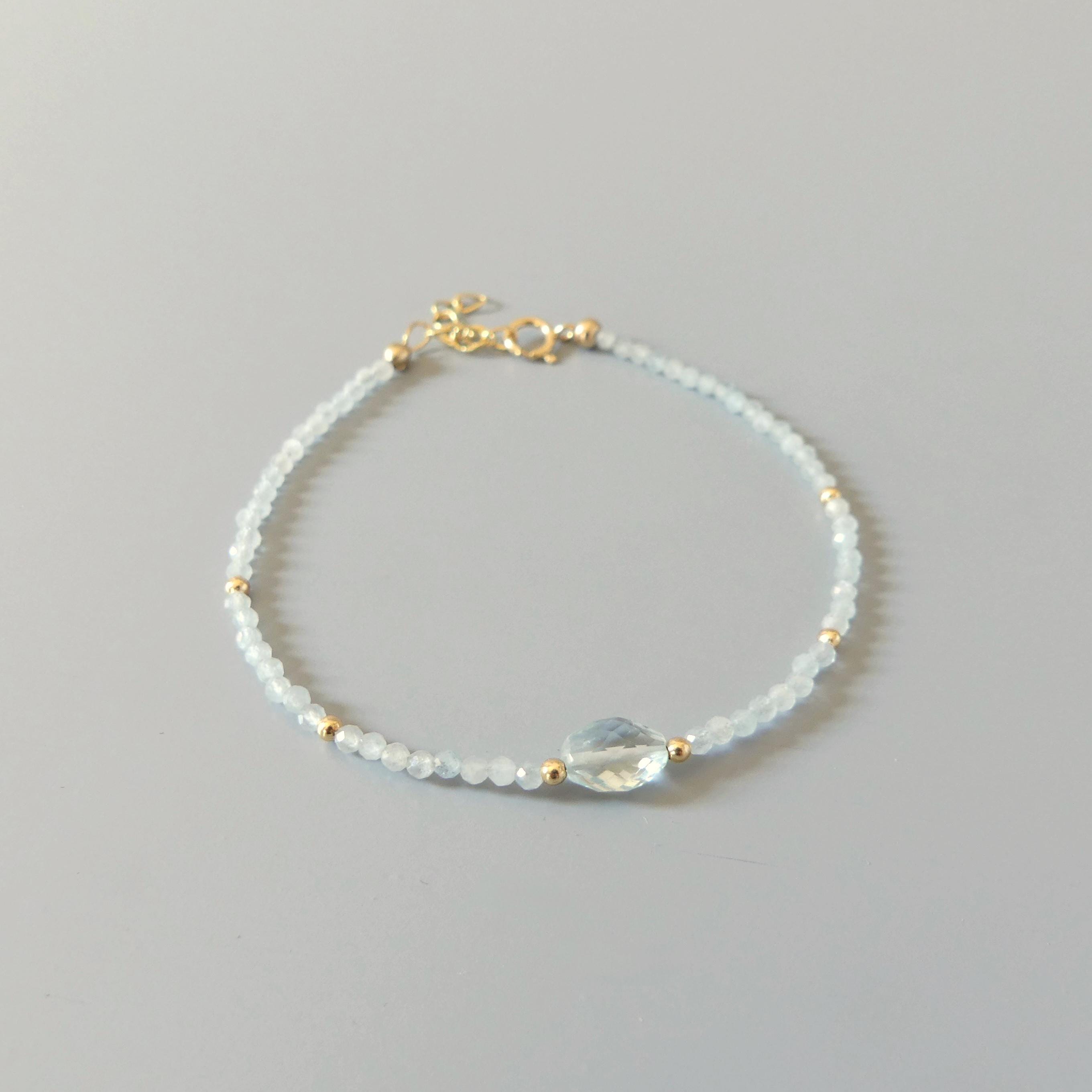 Tiny Aquamarine Bracelet Dainty Gemstone Beaded Bracelet Blue Crystal Stacking Jewelry Minimalist March Birthstone Birthday Gift Mom Wife