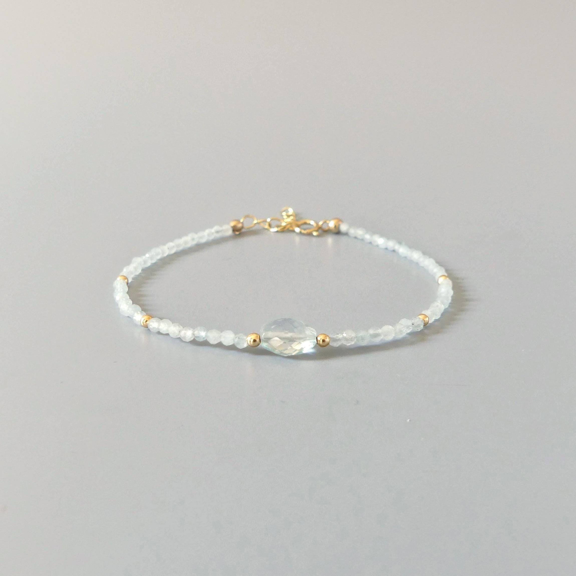 Tiny Aquamarine Bracelet Dainty Gemstone Beaded Bracelet Blue Crystal Stacking Jewelry Minimalist March Birthstone Birthday Gift Mom Wife
