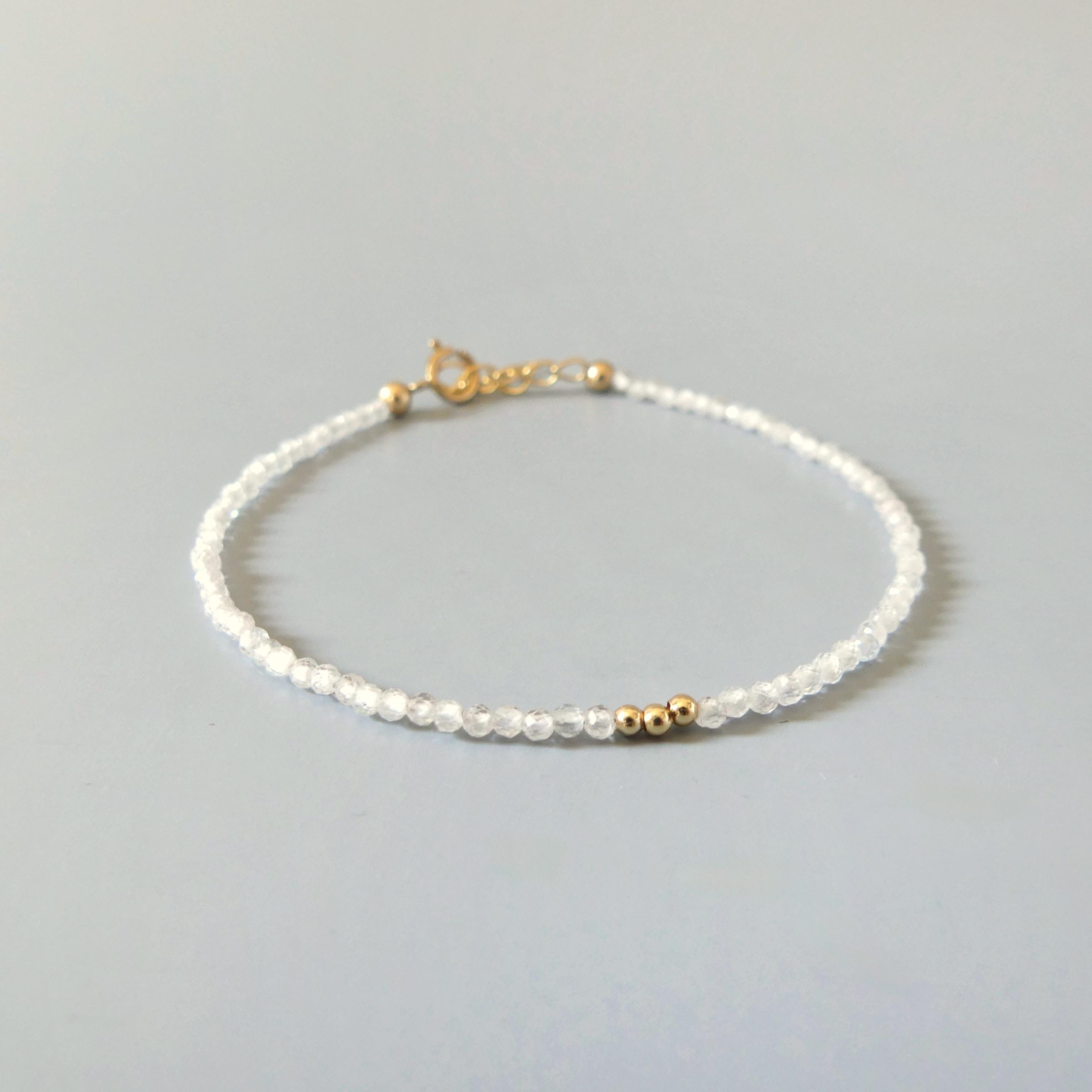 Tiny Diamond Bracelet White Zircon Dainty Gemstone Beaded Bracelet Sparkly Crystal Minimalist April Birthstone Birthday Gift for Women