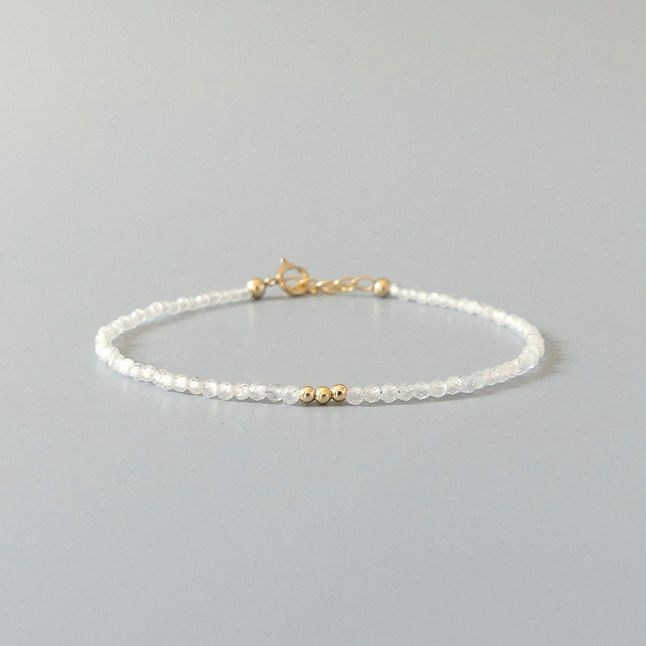 Tiny Diamond Bracelet White Zircon Dainty Gemstone Beaded Bracelet Sparkly Crystal Minimalist April Birthstone Birthday Gift for Women