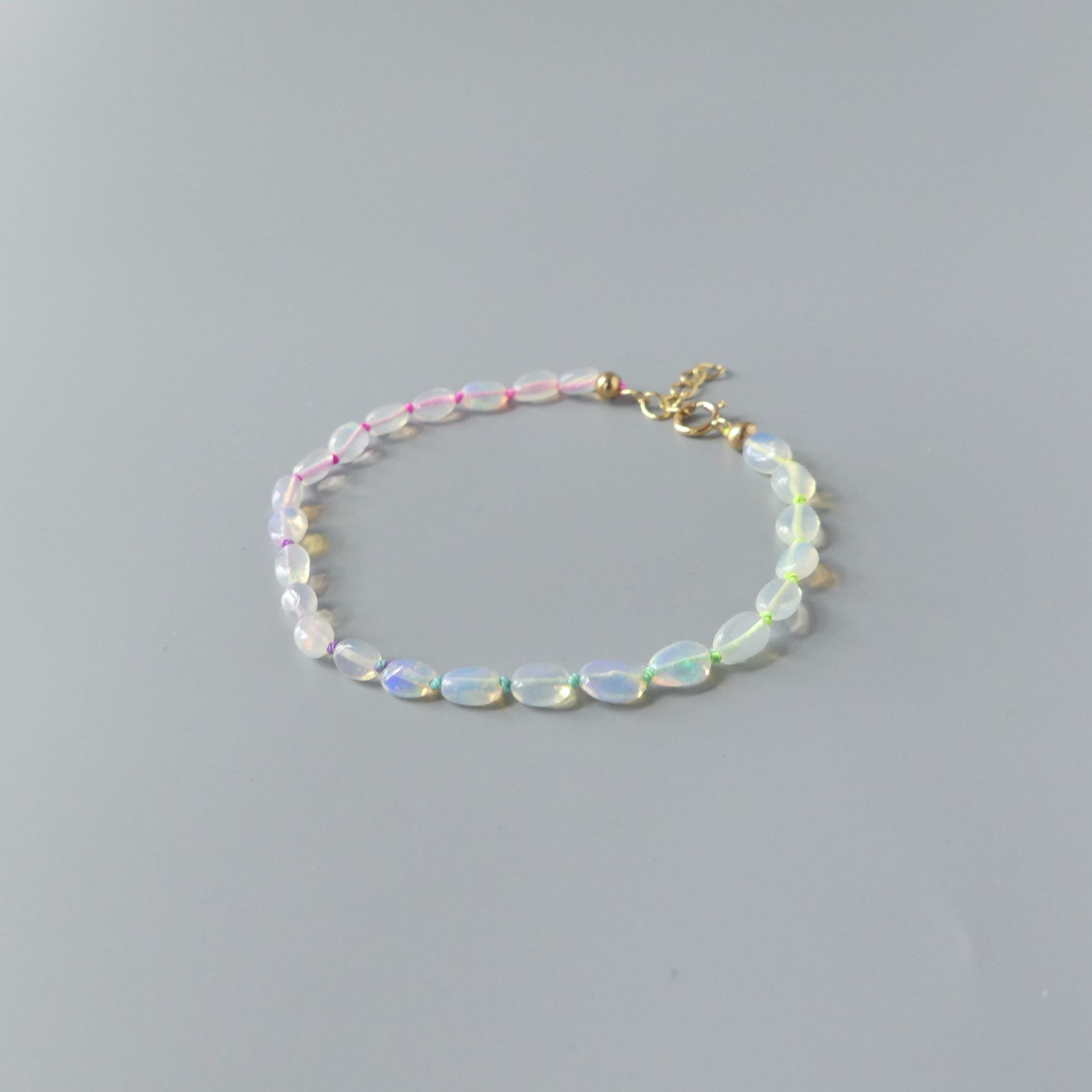 Tiny Opal Knot Bracelet Dainty Rainbow Neon Silk Knotted Jewelry Minimalist Bracelet Crystal October Birthstone Birthday Gift for Women