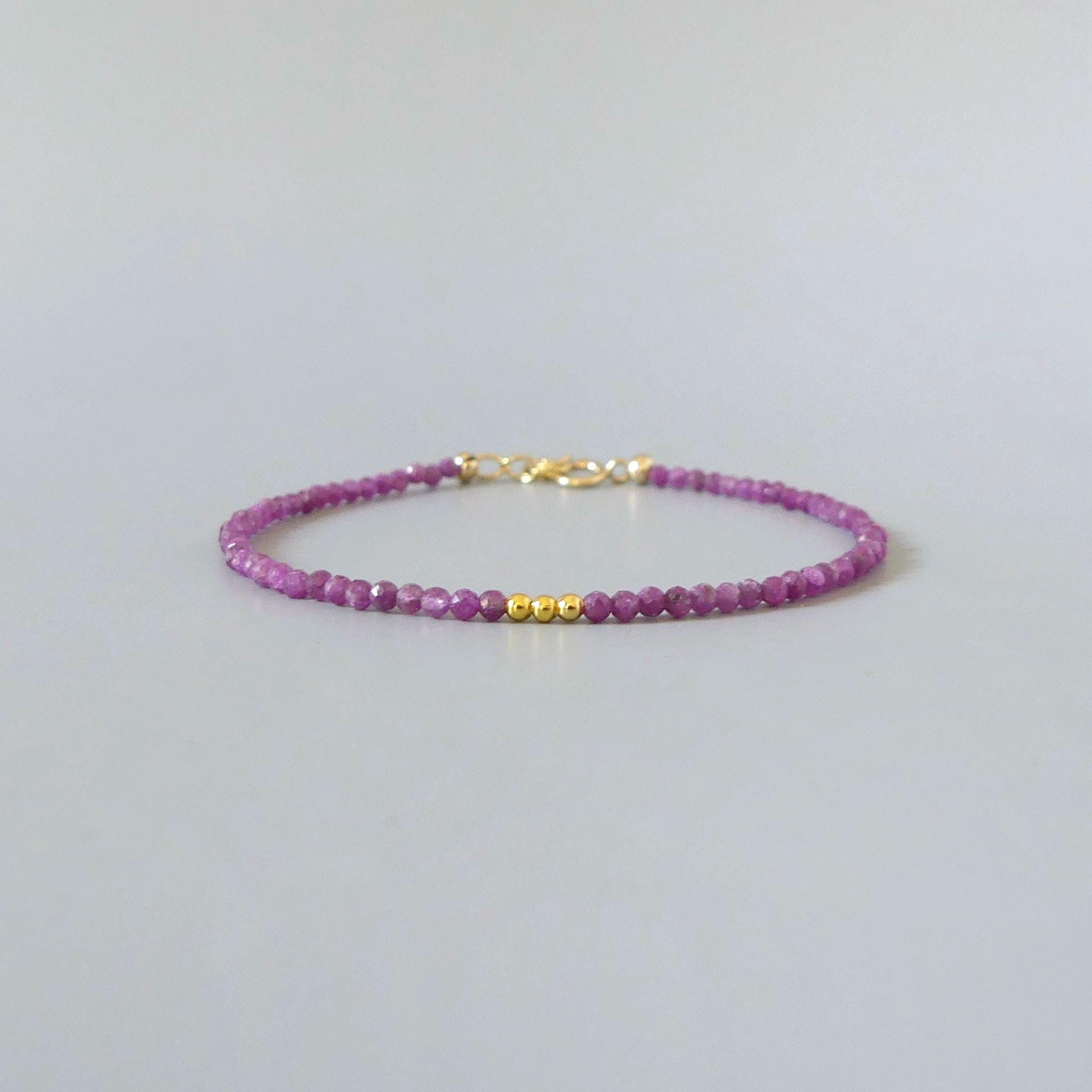 Tiny Ruby Bracelet Dainty Beaded Pink Gemstone Bracelet Minimalist July Birthstone Jewelry Crystal Birthday Gift 40th Anniversary Mom Wife