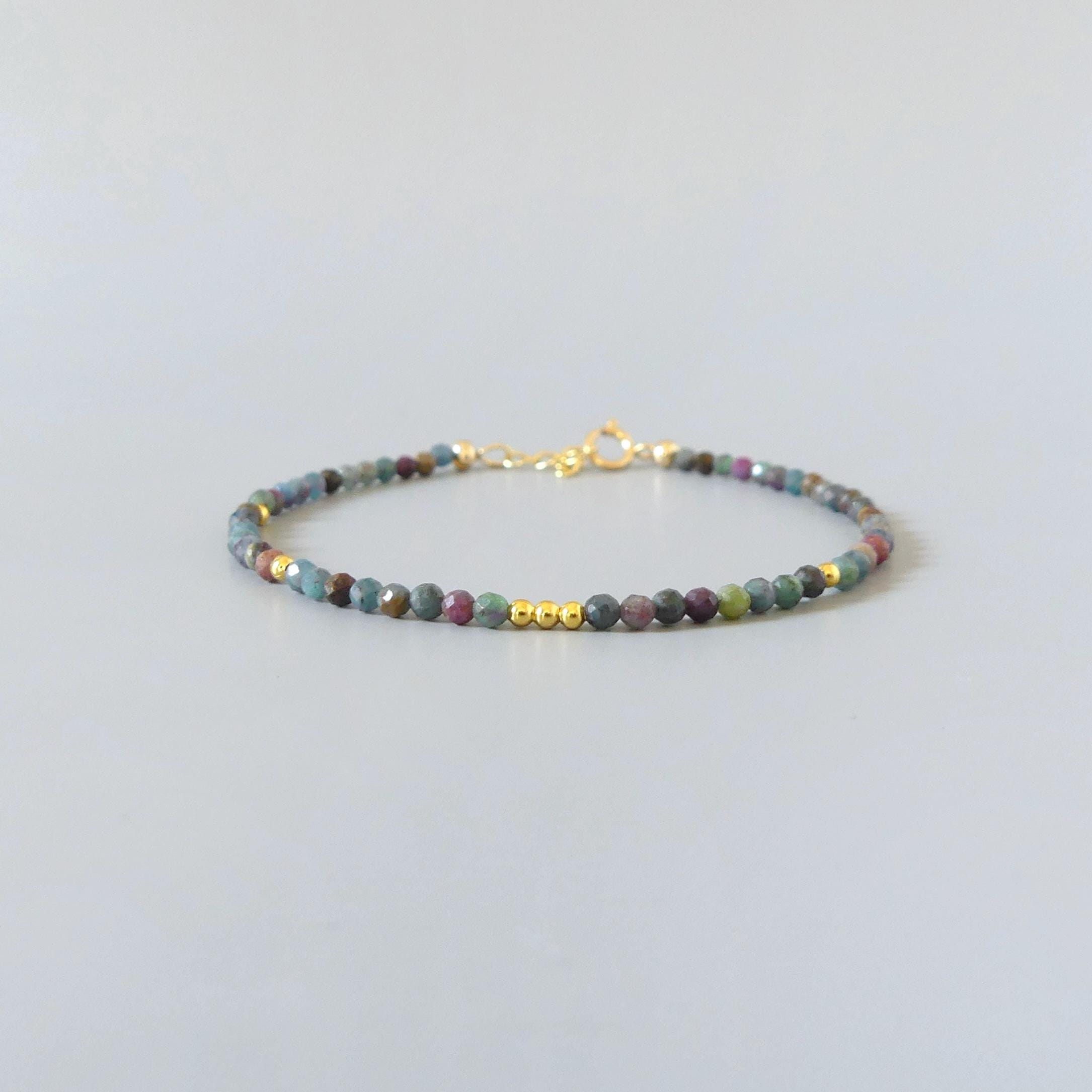 Tiny Ruby in Kyanite Bracelet Dainty Gemstone Beaded Bracelet Colorful Crystal Minimalist Jewelry Boho Wedding Gift Host Wife Bridesmaid