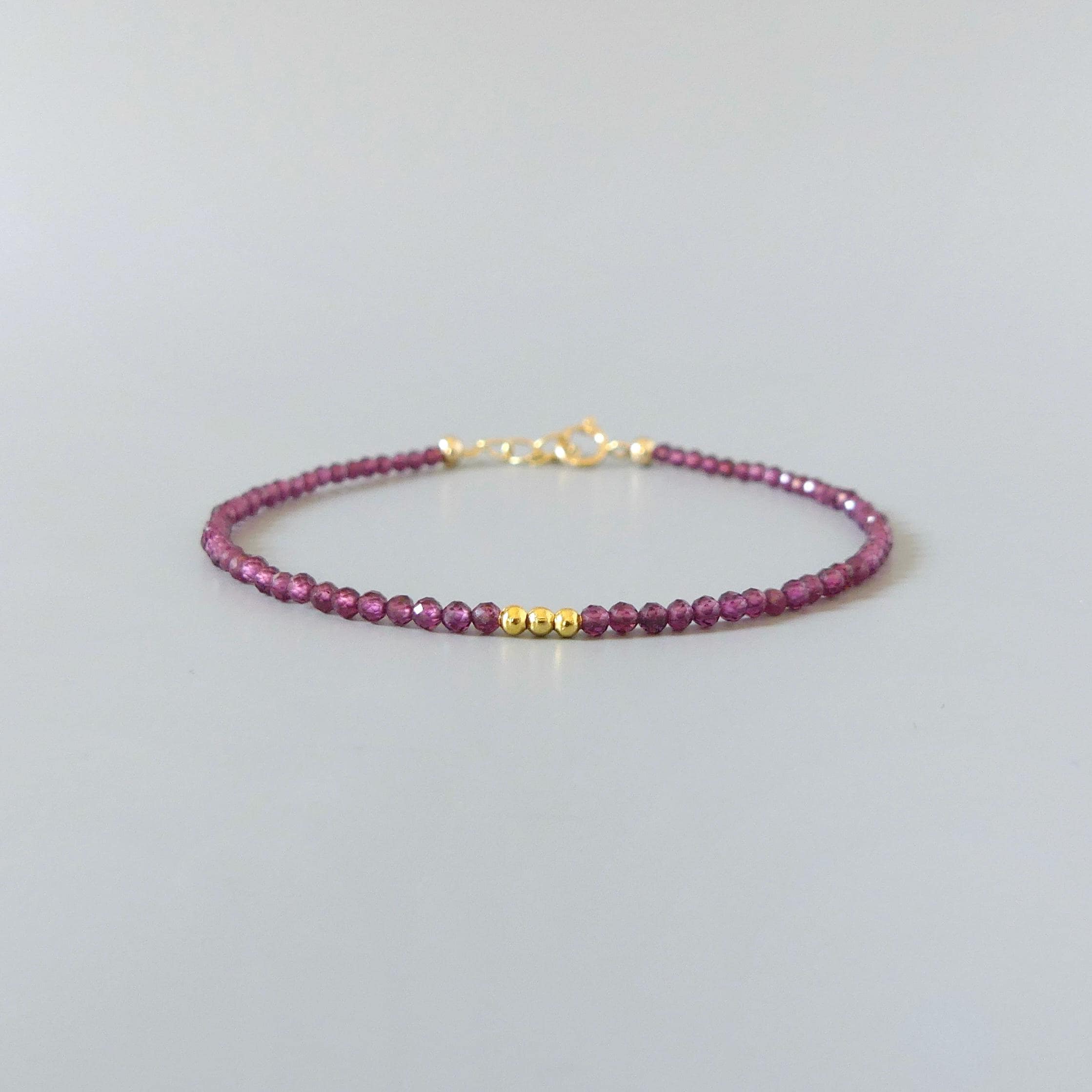 Tiny Rhodolite Bracelet Dainty Purple Garnet Bracelet Stacking Gemstone Beaded Crystal Jewelry Minimalist January Birthstone Gift Birthday