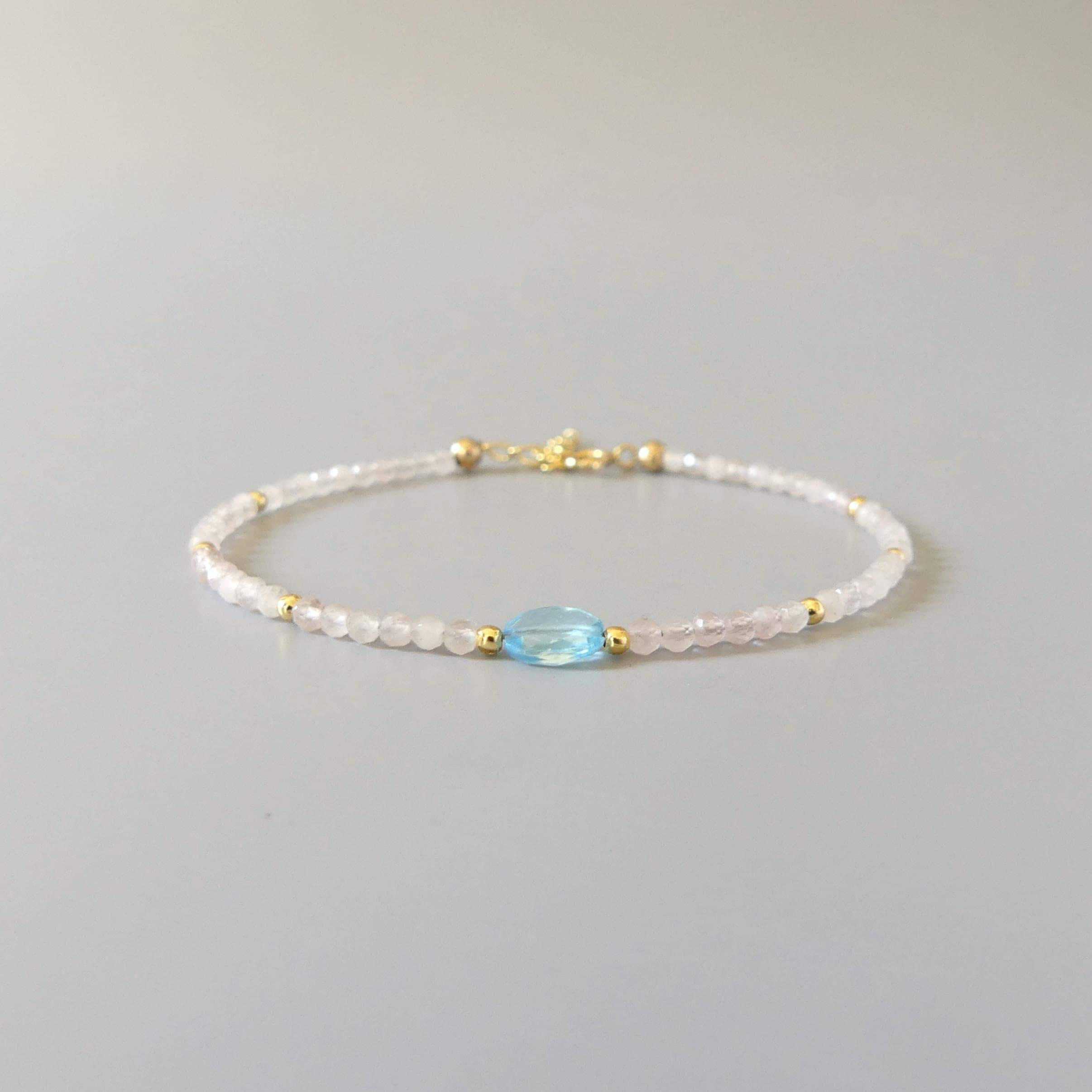 Tiny Pink Morganite Bracelet with Swiss Blue Topaz -Dainty Jewelry