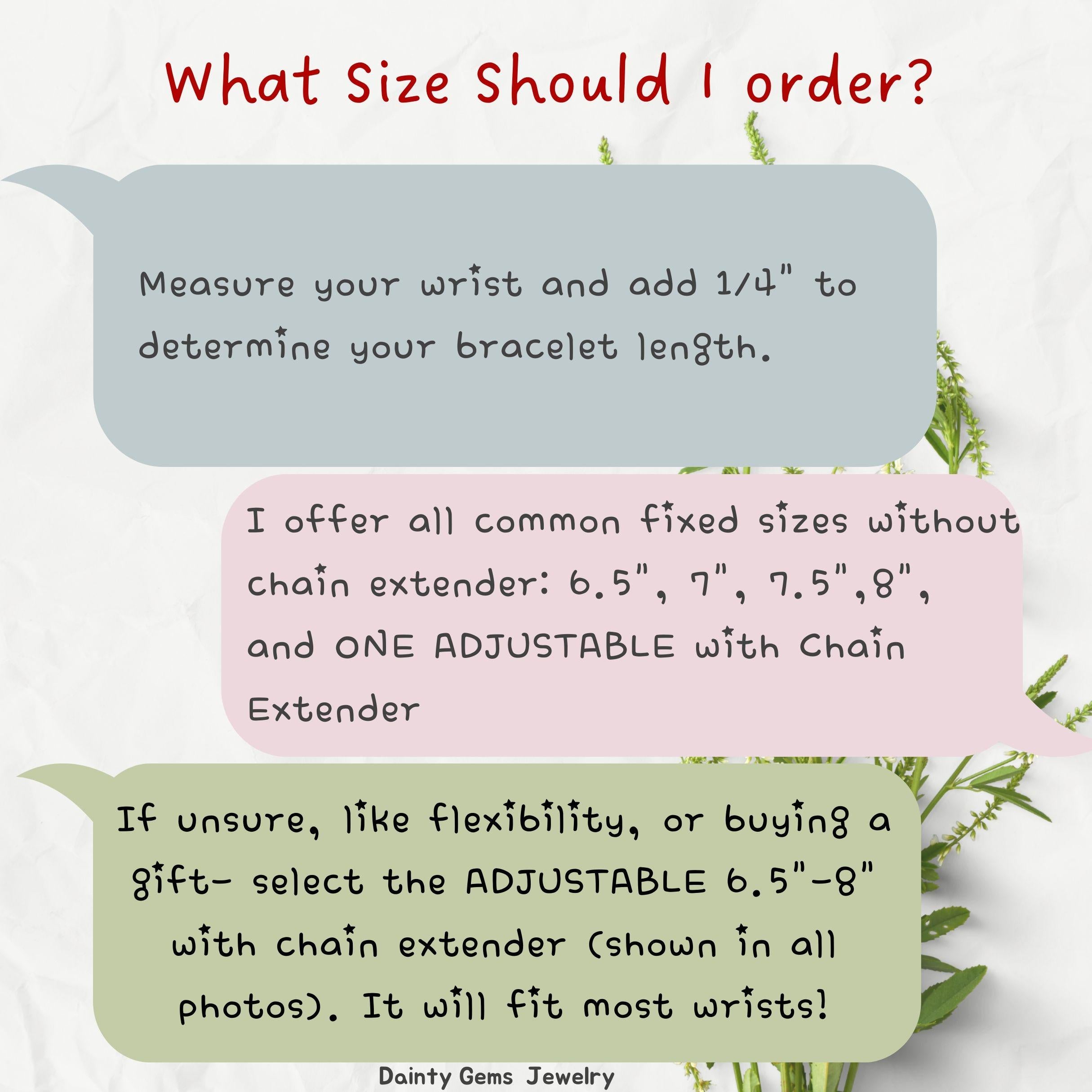 The image is a collage of three speech bubbles with text, providing guidance on what size bracelet to order based on wrist measurements.
