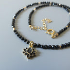 Dainty Black Spinel Beaded Necklace Sparkly Lotus Gold Pendant Gemstone Delicate Cute Choker Crystal Layering Jewelry Mom Birthday Christmas