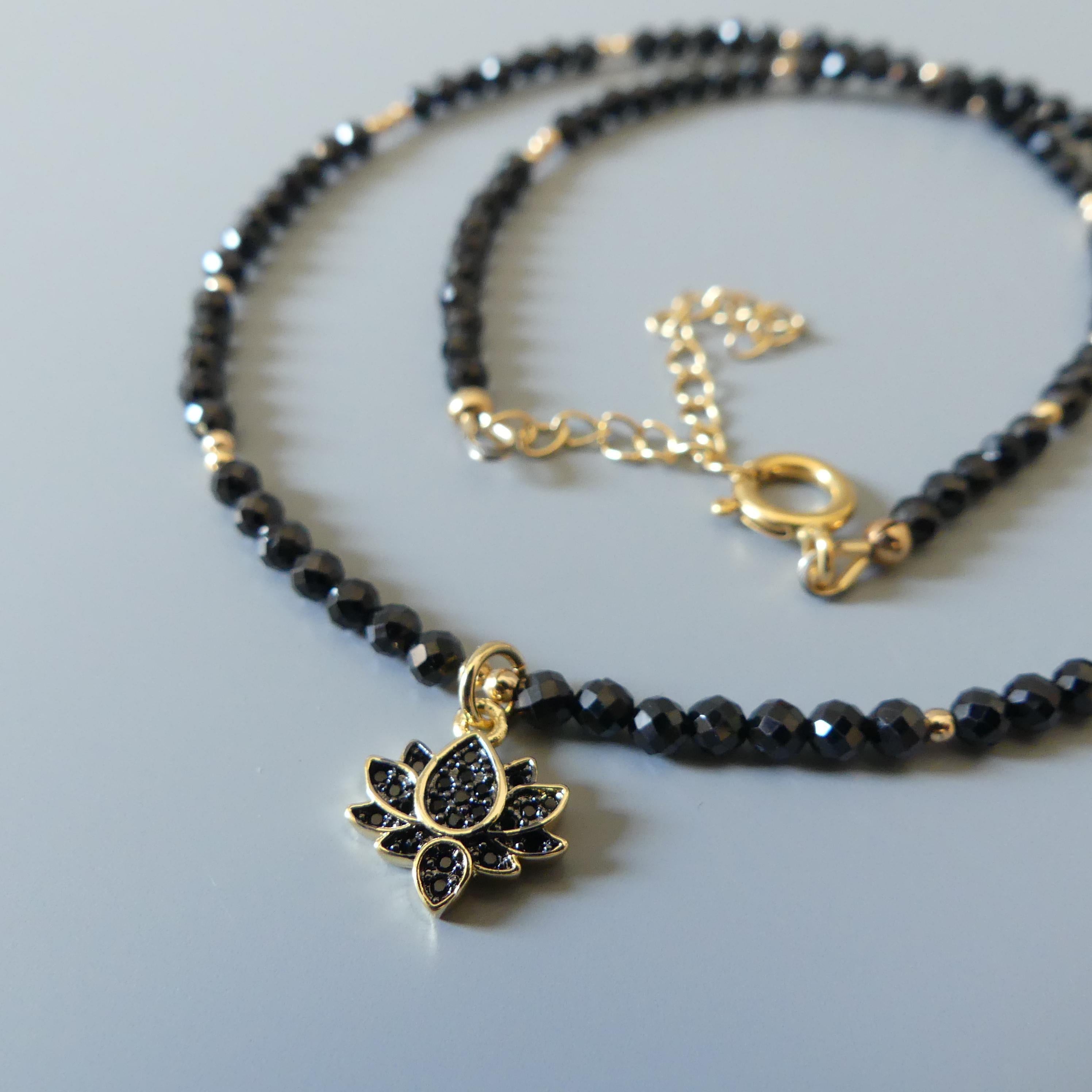 Dainty Black Spinel Beaded Necklace Sparkly Lotus Gold Pendant Gemstone Delicate Cute Choker Crystal Layering Jewelry Mom Birthday Christmas
